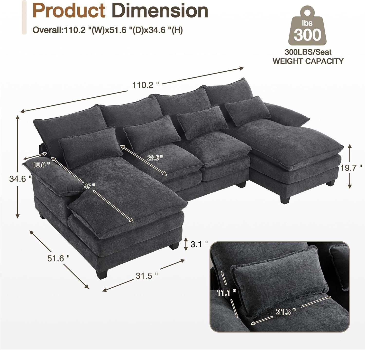 110.2" Modular U Shaped Cloud Couch, Modern 4-Seat Chenille Upholstery Sectional Sofa with Double Chaise & Double Layer Cushions, Deep Seat Comfy Couch for Living Room, Bedroom, Apartment,Grey