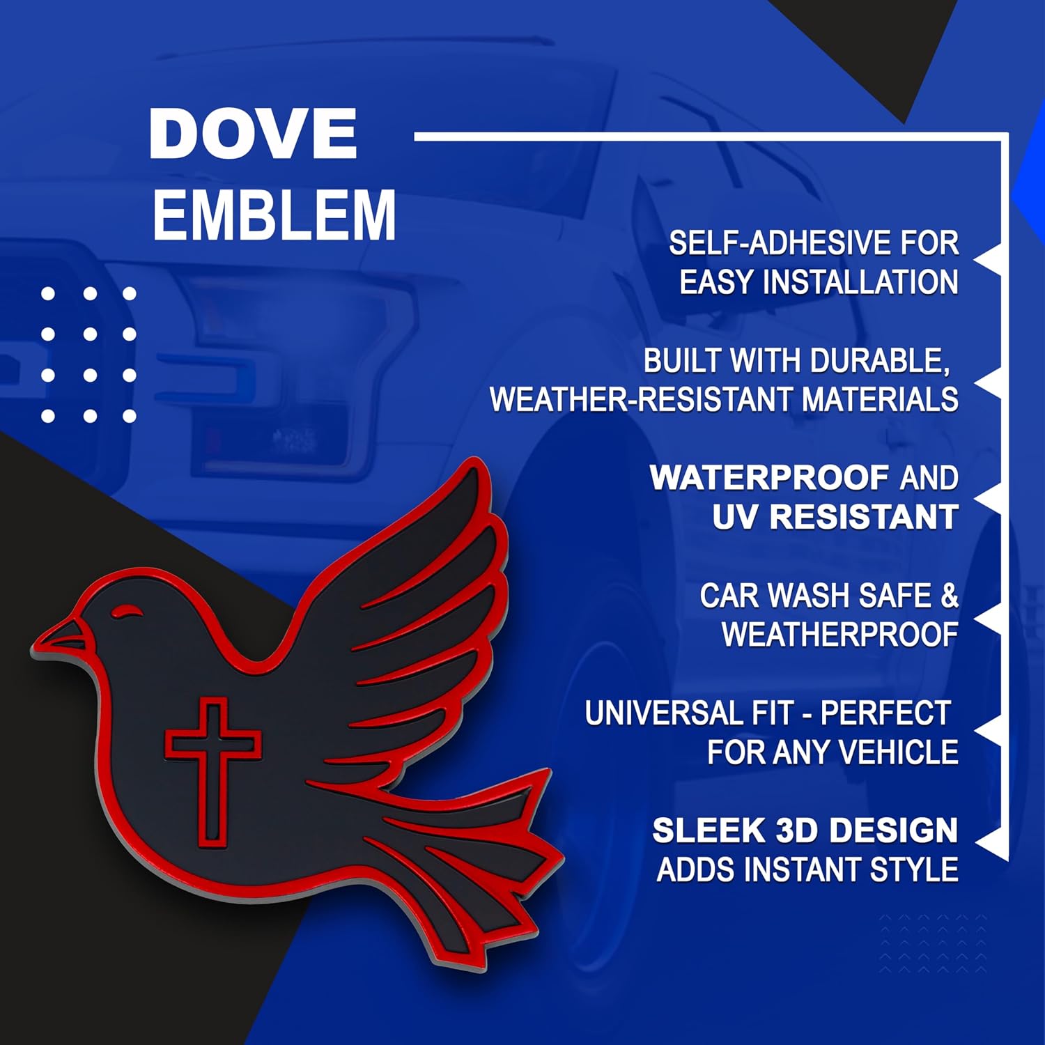 Dove Emblem, Religious Bird Badge – 3D Custom Car Decal Sticker for Car, Truck, SUV – Durable Exterior Trunk, Hood, Fender (Set of 2) (Red)