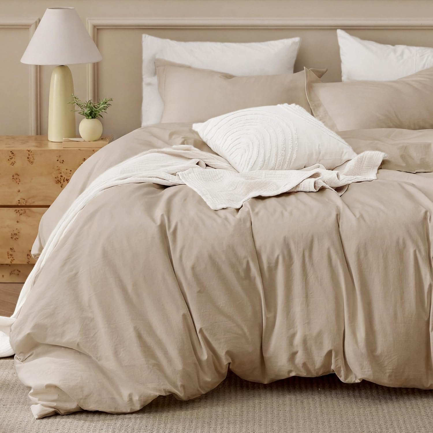 Bedsure 100% Washed Cotton Duvet Cover King Size - Frosted Almond Minimalist Bedding Set Linen Like - PureWoven Plain Simple & Soft Comforter Cover for All Seasons (Frosted Almond, King, 104"x90")