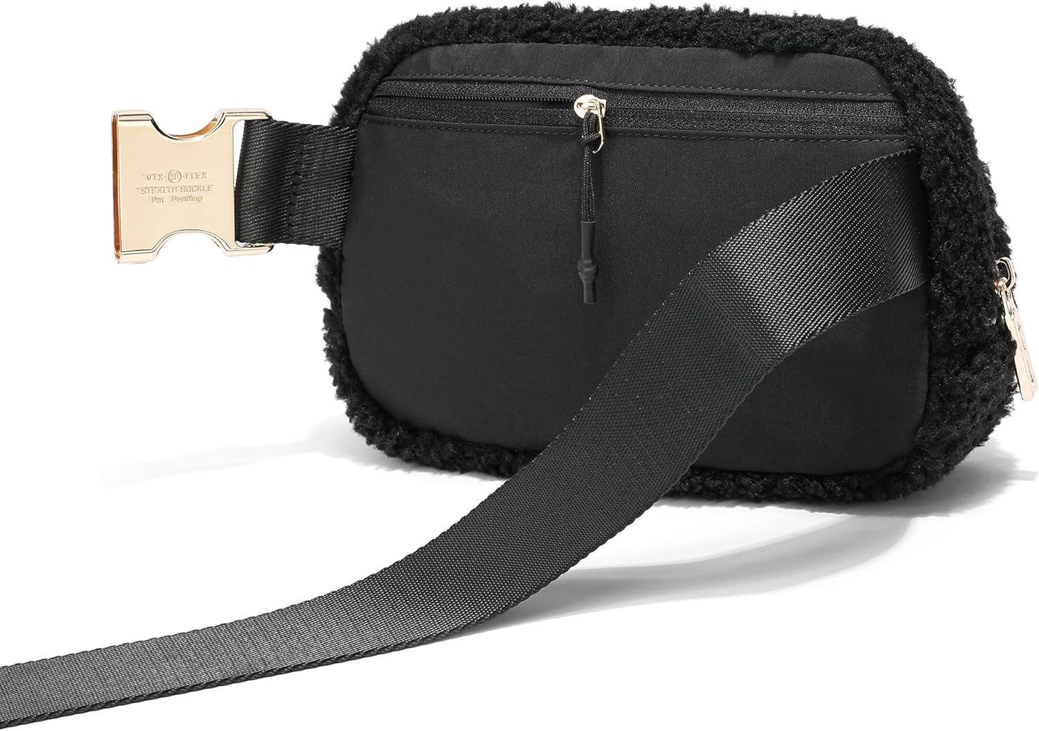 FODOKO Sherpa Belt Bag, Fleece Crossbody Bag Fanny Pack for Women Fashionable Everywhere Waist Bum Bag Pack with Hardware Buckle Black Gold - Image 2
