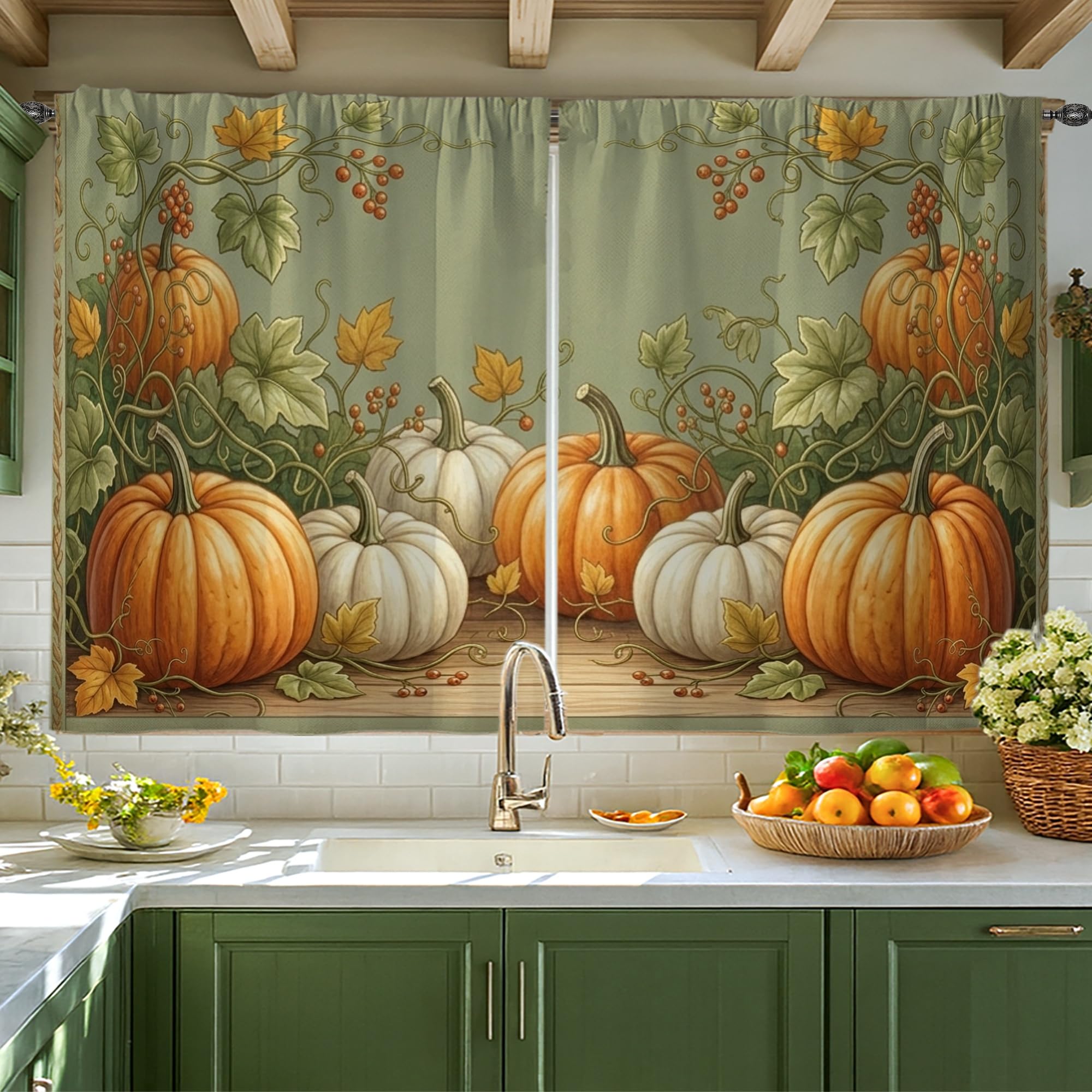Rideaux de cuisine citrouilles au style traditionnel avec finitions soignées feuilles de vigne