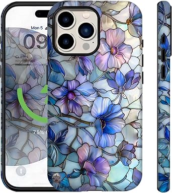 Case for iPhone 15 Pro Case Stained Glass Cute Elegant Purple Flowers Floral Design for Women Girls [Compatible with Magsafe] Rugge Shockproof Anti-Scratch Phone Cover
