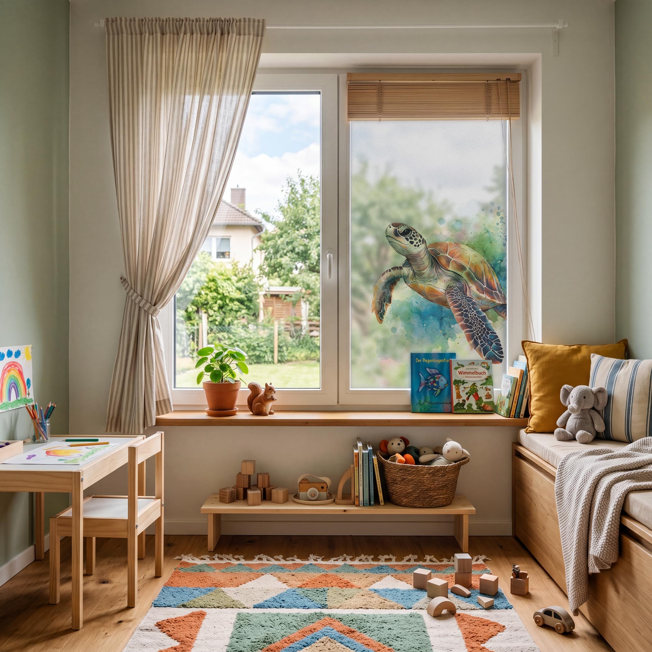 Fensterfolie Blickdicht Schildkröte 80x120cm selbstklebend | Sichtschutzfolie Milchglas für Fenster Duschkabine Deko Klebefolie Kinderzimmer Badezimmer Wohnzimmer Deko Milchglasfolie
