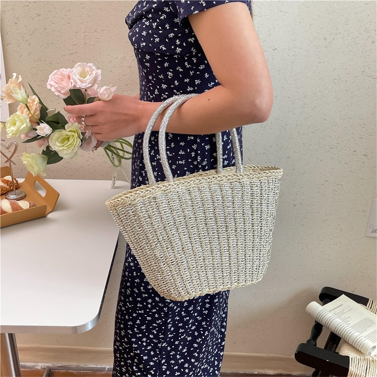 borsa donna estiva Borsa da donna in paglia con tessitura spiaggia, borsa manico superiore, basket, shopping femminile