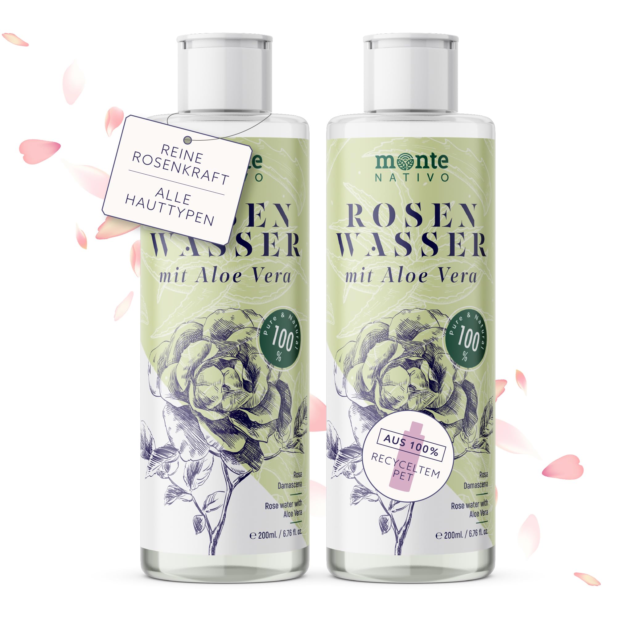 Rosenwasser Gesichtswasser mit Aloe Vera 2x200ml Monte Nativo (400ml) - Rose water for face 100% Natürliche Gesichtspflege - Gesichtstoner - Gesichtsreinigung - Porenreiniger Gesicht - Anti Pickel