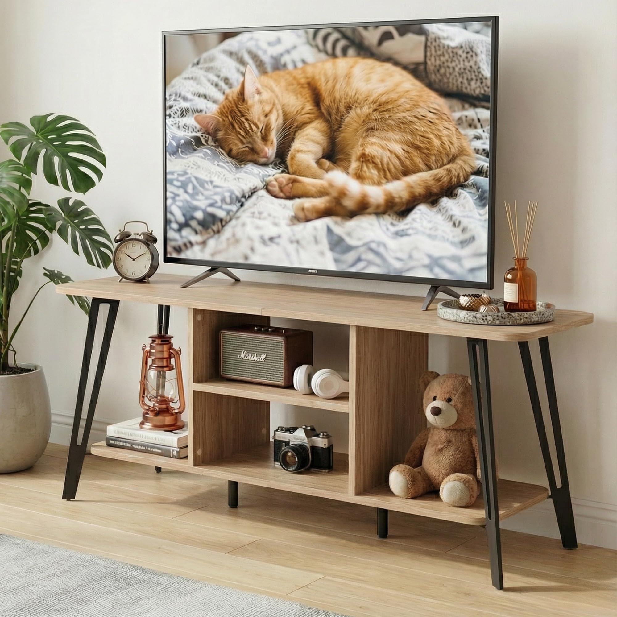 Manora Mueble de TV Moderno Industrial, Mesa de TV para hasta 55 Pulgadas, Mueble TV Salon con Compartimentos Abiertos, Mueble Television para Salon, Dormitorio, 120 x 35 x 52 cm, Roble