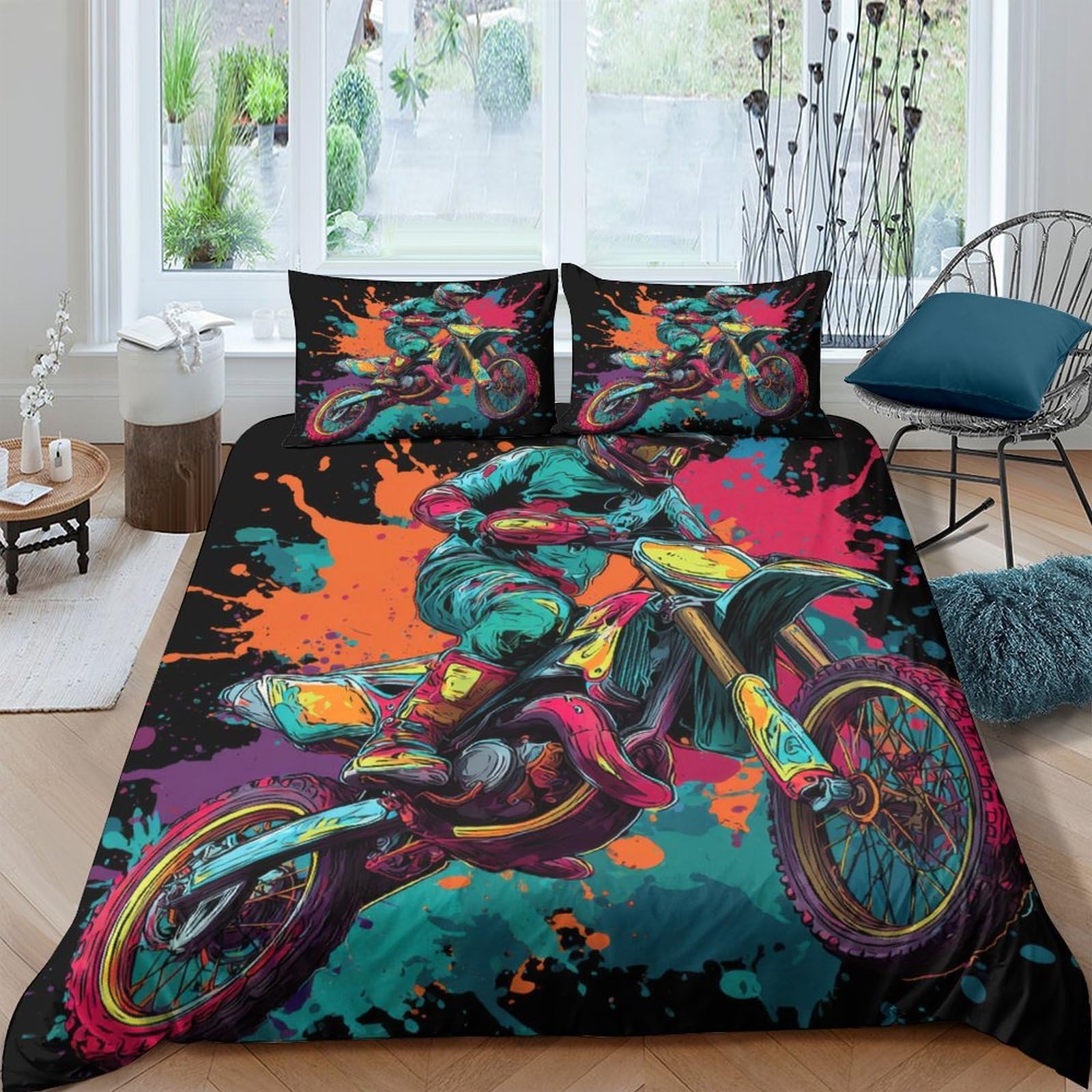 Ctjqhvkz Style-2 3D Printed Dirt Bike Fitted Sheet Microfiber Vibrant Motocross Bed Cover For Bedroom Dorm Mattress Protection Decor Single（135X200cm）