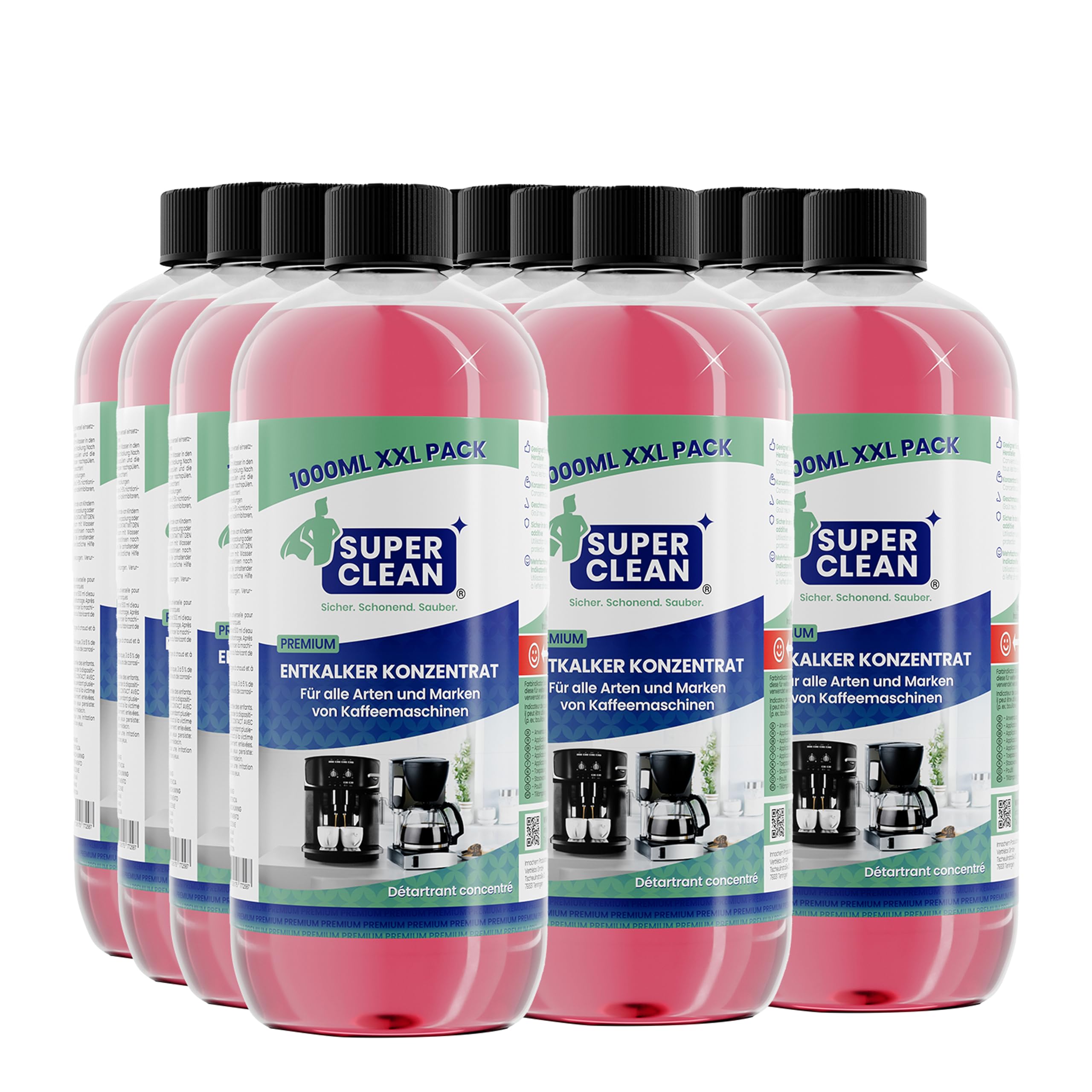 SUPER CLEAN 12 x 1L Entkalker Konzentrat Kaffeevollautomat - Flüssig - Für alle Maschinen & Marken - 120 x Entkalkung - Effektiver Flüssigentkalker von Kaffeemaschinen, Wasserkocher & Duschen