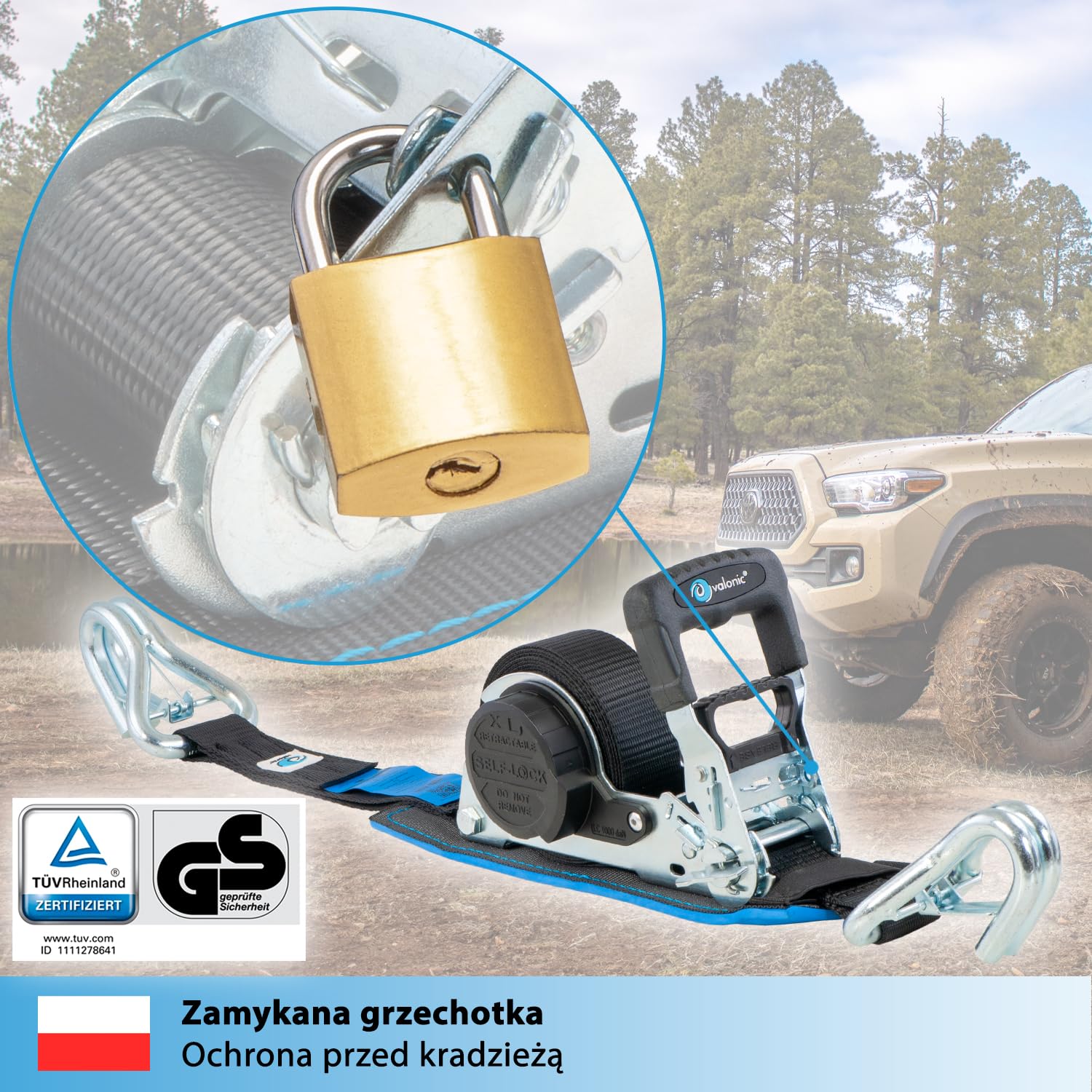 valonic GRIZZLY - XXL Automatyczny pas mocujący Premium z karabińczykiem, wyściełany, 2 sztuki, 5m, 35mm, 800/1600 kg, z grzechotką, EN-12195-2, czarny