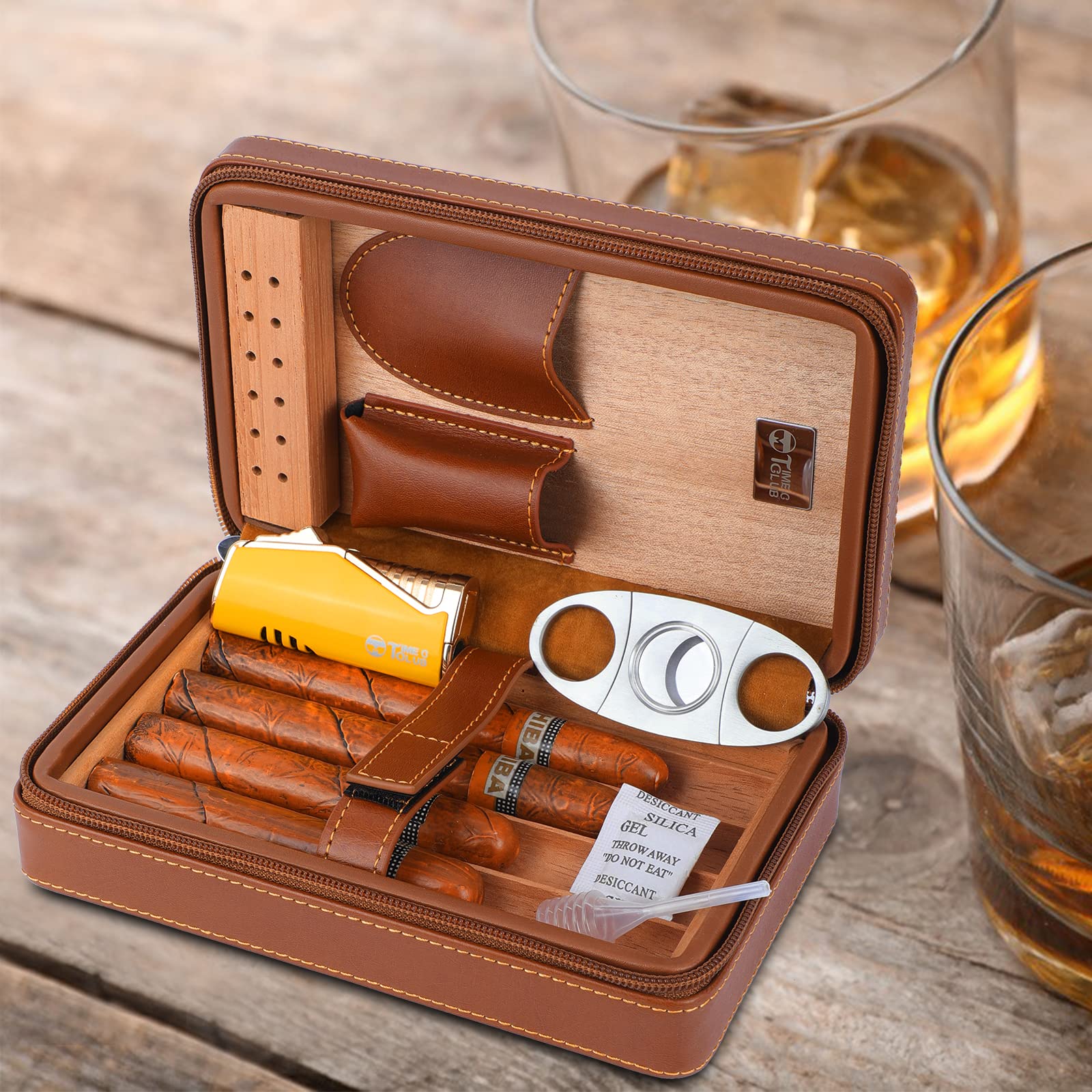 Etui de voyage portable pour 4 cigares, Coupe-cigare, Briquet ，Humidificateurpour cigares avec Coupe-cigare et Humidificateur, Cadeau pour lesPetits Amis, Cadeaud'anniversaire