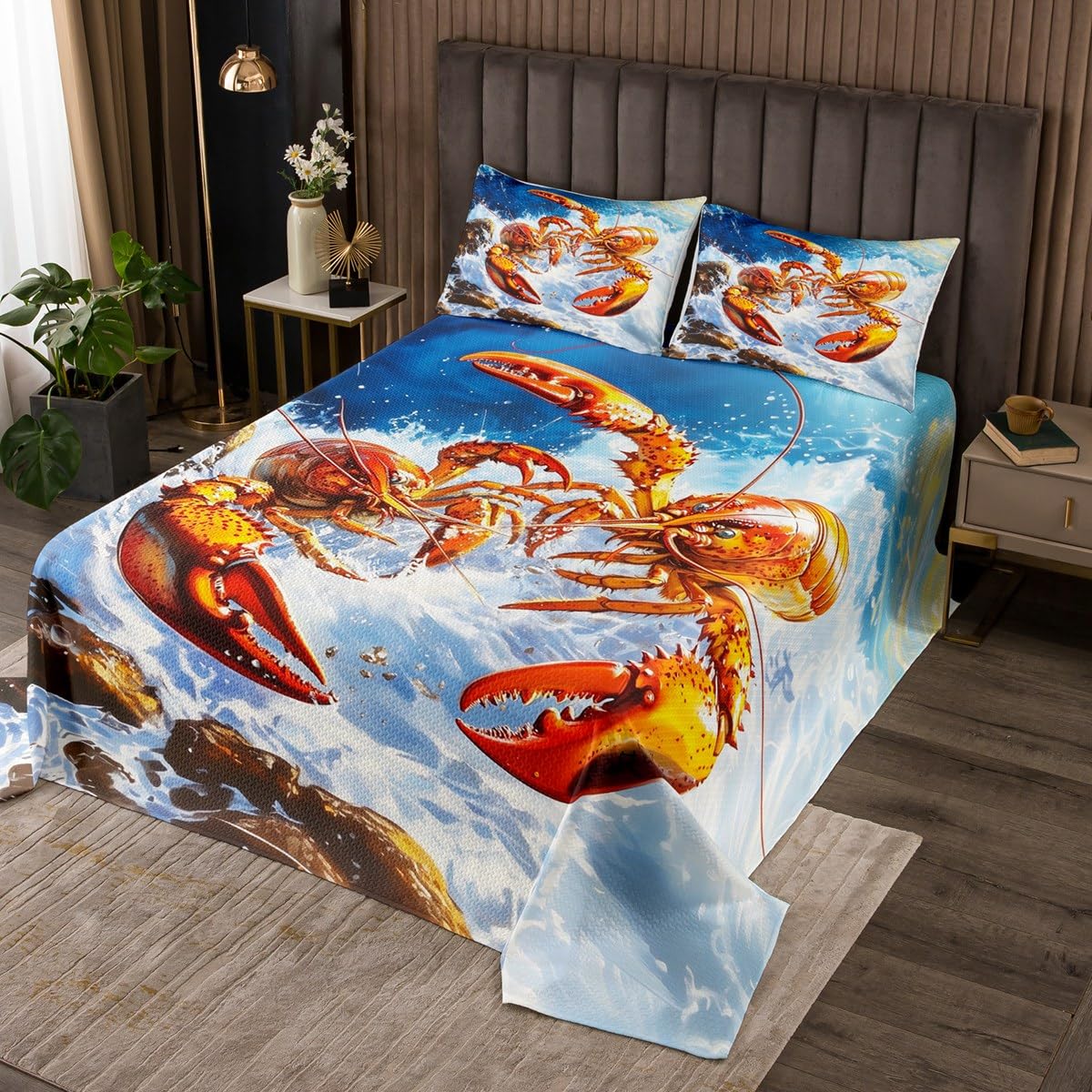 Erosebridal Lobster Kids Bedspread Set Twin Size, Sea Animal Quilt Set for Boys Girls Teens, Ocean Life Coverlet Aquatic Organism Bedding Set 2 Piece with 1 Pillow Case