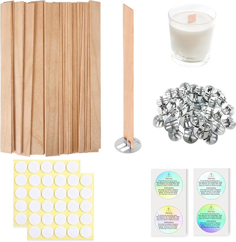 200 Pcs Thicked Wood Candle Wicks for Candle Making, 5.1 X 0.51X 0.06 Inch Upgrade Wood Wicks, Wooden Wicks Box Includes Iron Stander, Glue Dot, and Warning Labels (50 Sets)