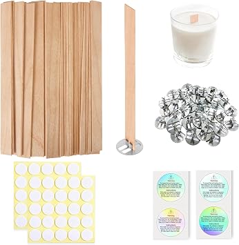 200 Pcs Thicked Wood Candle Wicks for Candle Making, 5.1 X 0.51X 0.06 Inch Upgrade Wood Wicks, Wooden Wicks Box Includes Iron Stander, Glue Dot, and Warning Labels 50 Sets