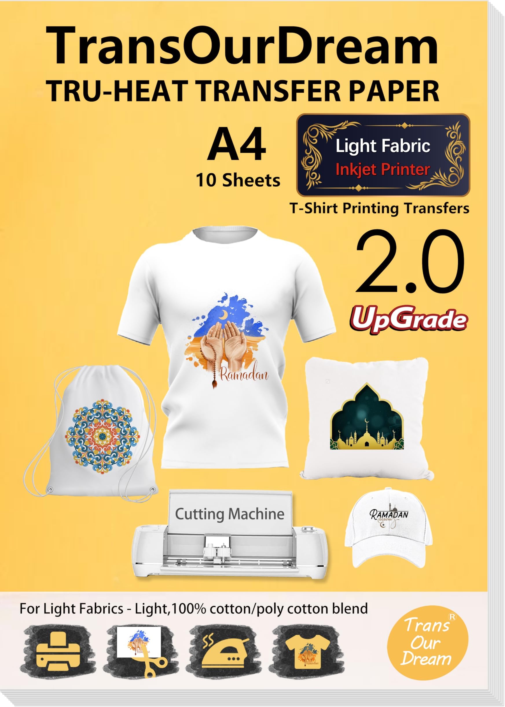 TransOurDream Tru-Iron on Heat Transfer Paper for Light Fabric (10 Sheets, A4, 2nd Generation) Iron-on Transfers Paper for Light T-Shirts Printable Heat Transfer Vinyl for Inkjet Printer (ARAB-2-10)