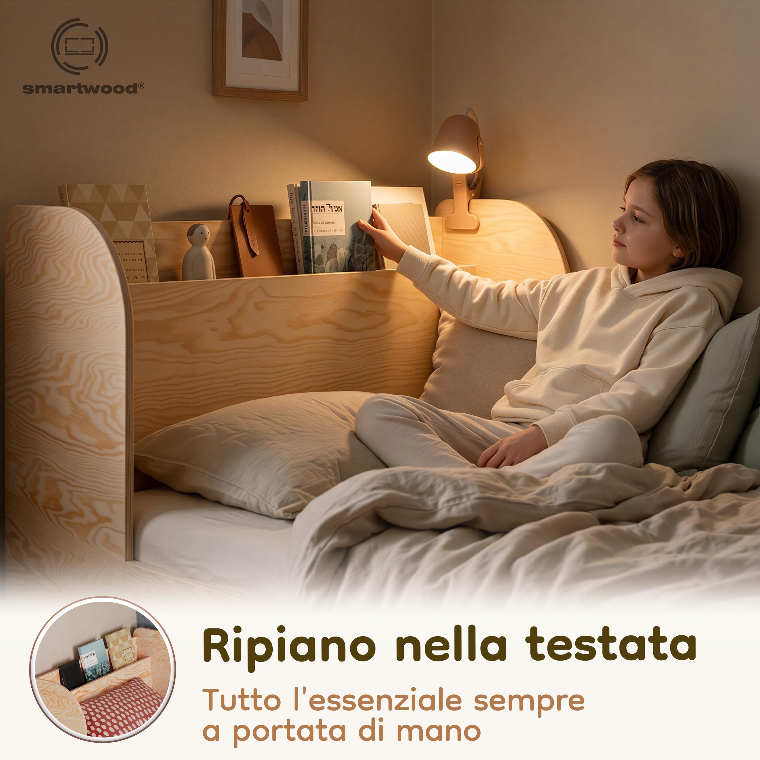smartwood Letto Bambino 90x190 cm con Cassetto, in Legno di Pino, Flou D | incl. Cassetto, Testiera con Ripiano, Rete fino a 230 kg, in Legno di Pino FSC, Letto per Ragazze & Ragazzi dai 3 anni