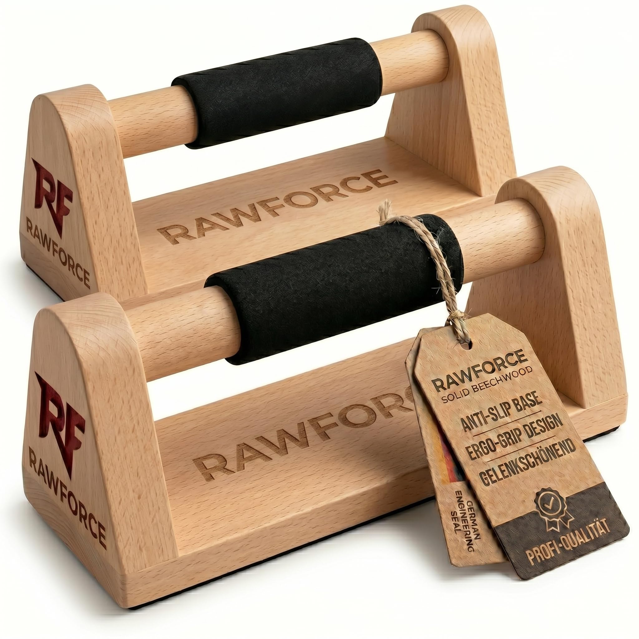 RawForce 2x Liegestützgriffe aus Holz - Joint-Friendly & Rutschfest - Parallettes Push Up Bar - Handstand Griffe - Liegestützbrett - Liegestütze & Calisthenics Equipment - Von Profi Entwickelt
