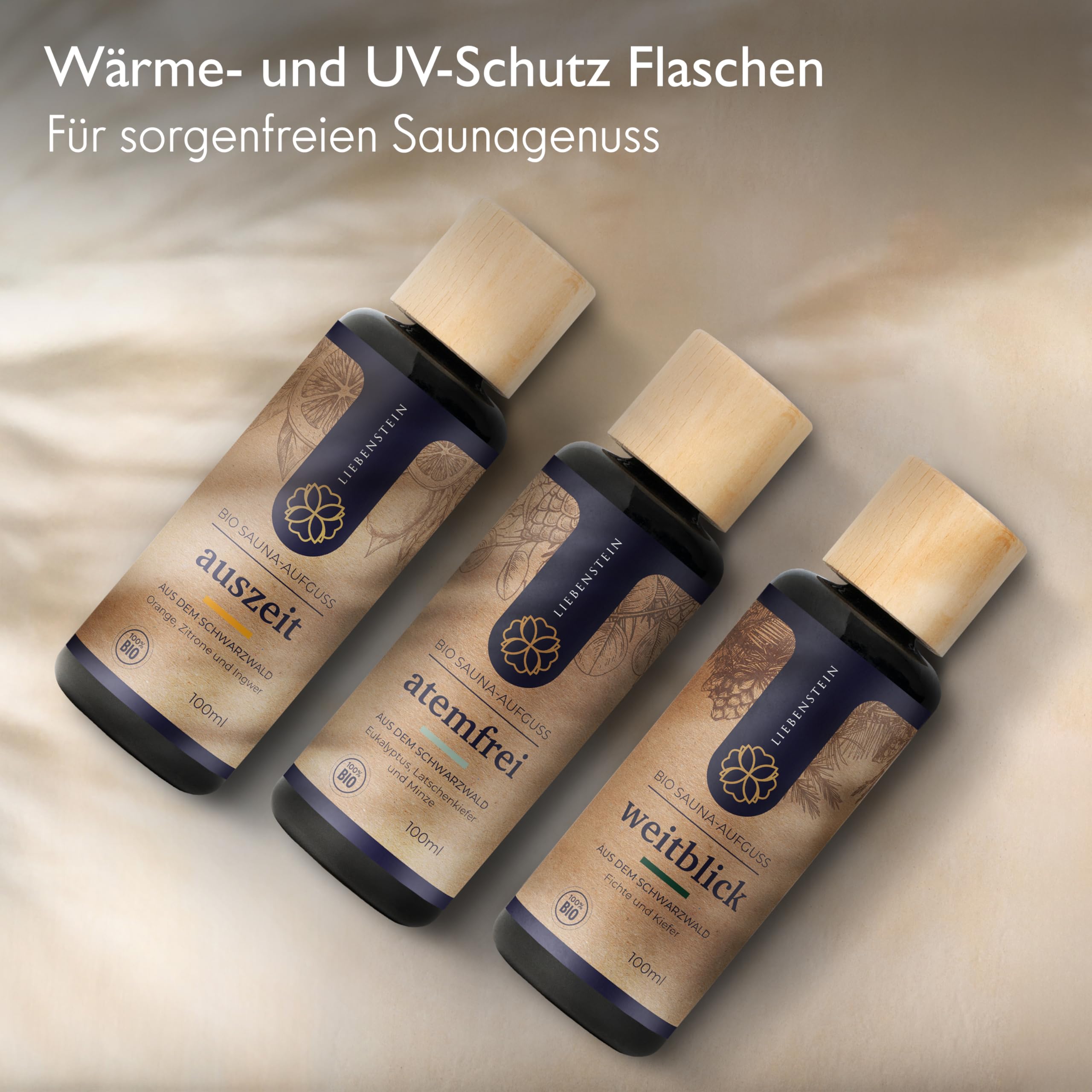 Liebenstein® BIO Saunaaufguss SET “Wohlfühl-Trio” [3x100ml Sauna Aufgussmittel] mit 100% naturreinen Bio Ölen - regional und nachhaltig - Schwarzwald Sauna Set für ein intensives Dufterlebnis