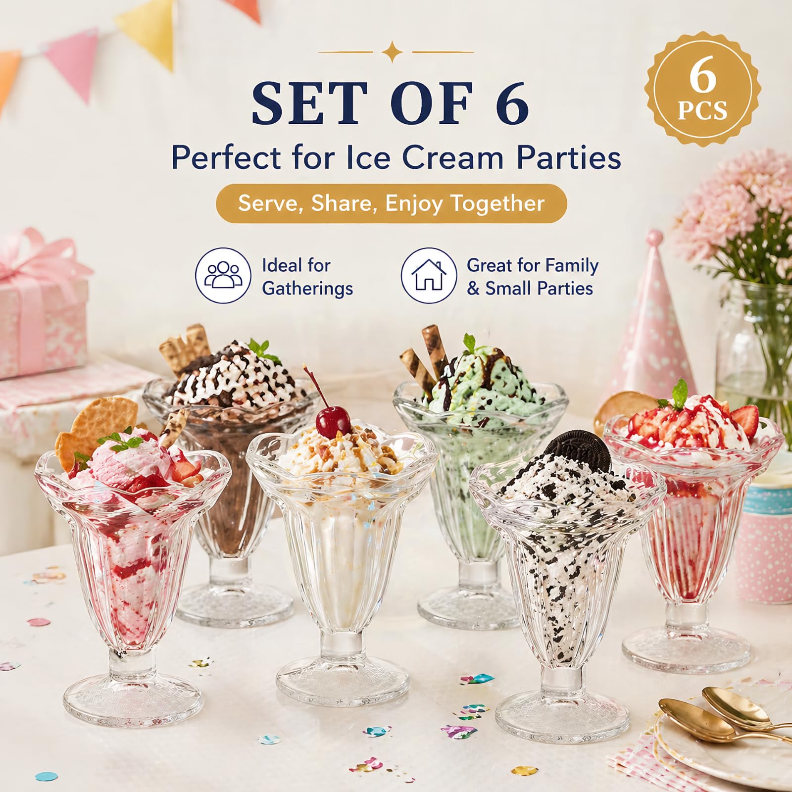ZENFUN Set di 6 tazze in vetro per tulipani, 189,9 g, con piedini trasparenti per gelato, ciotole da dessert, per sorbetti, frutta, insalata, snack e cocktail