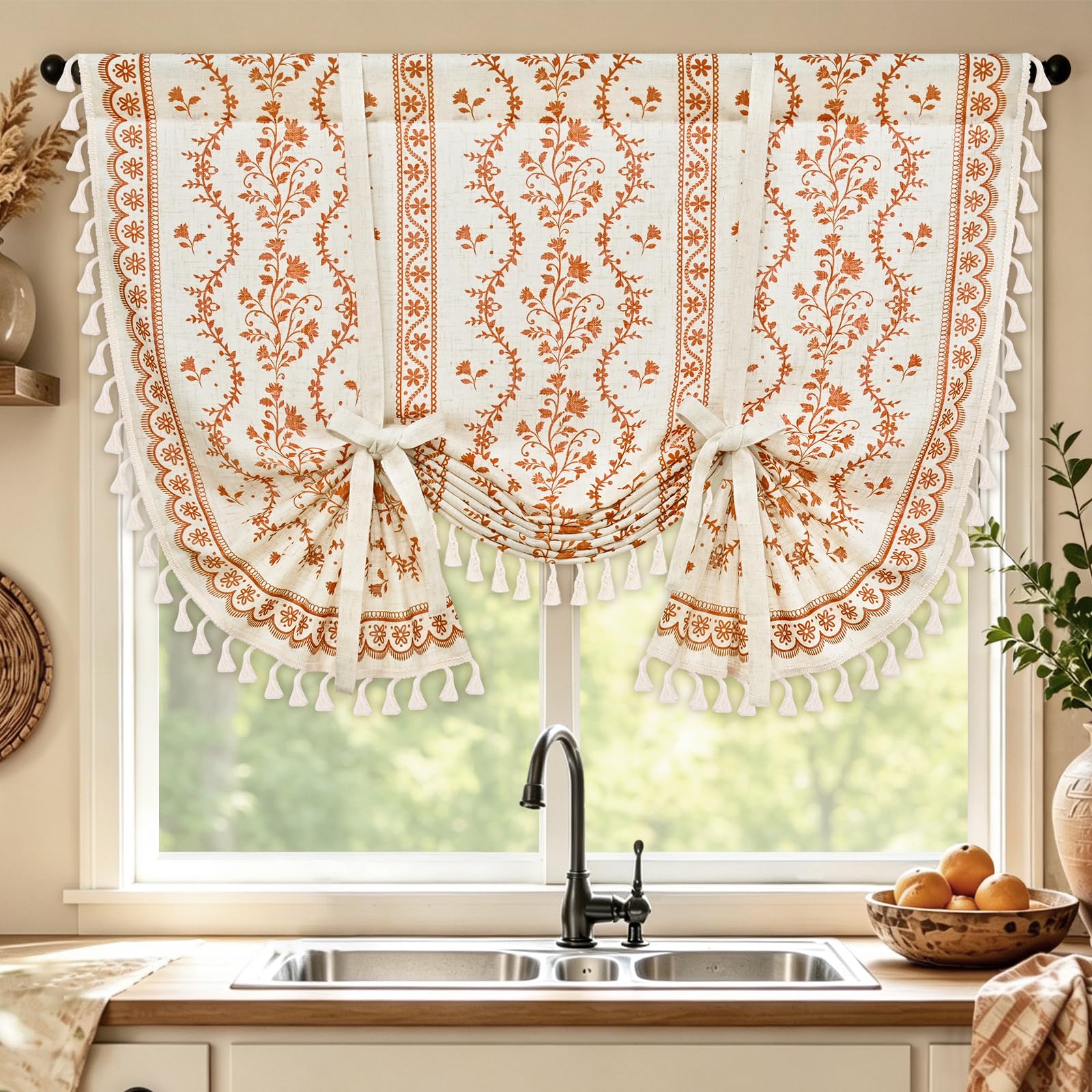 Yinhua Boho Tie Up Curtains for Windows Vintage Linen Valance Light Filtering Floral Valance Rod Pocket Rustic Adjustable Tassel Window Valances for Bathroom, 42" W X 45" L, White Orange