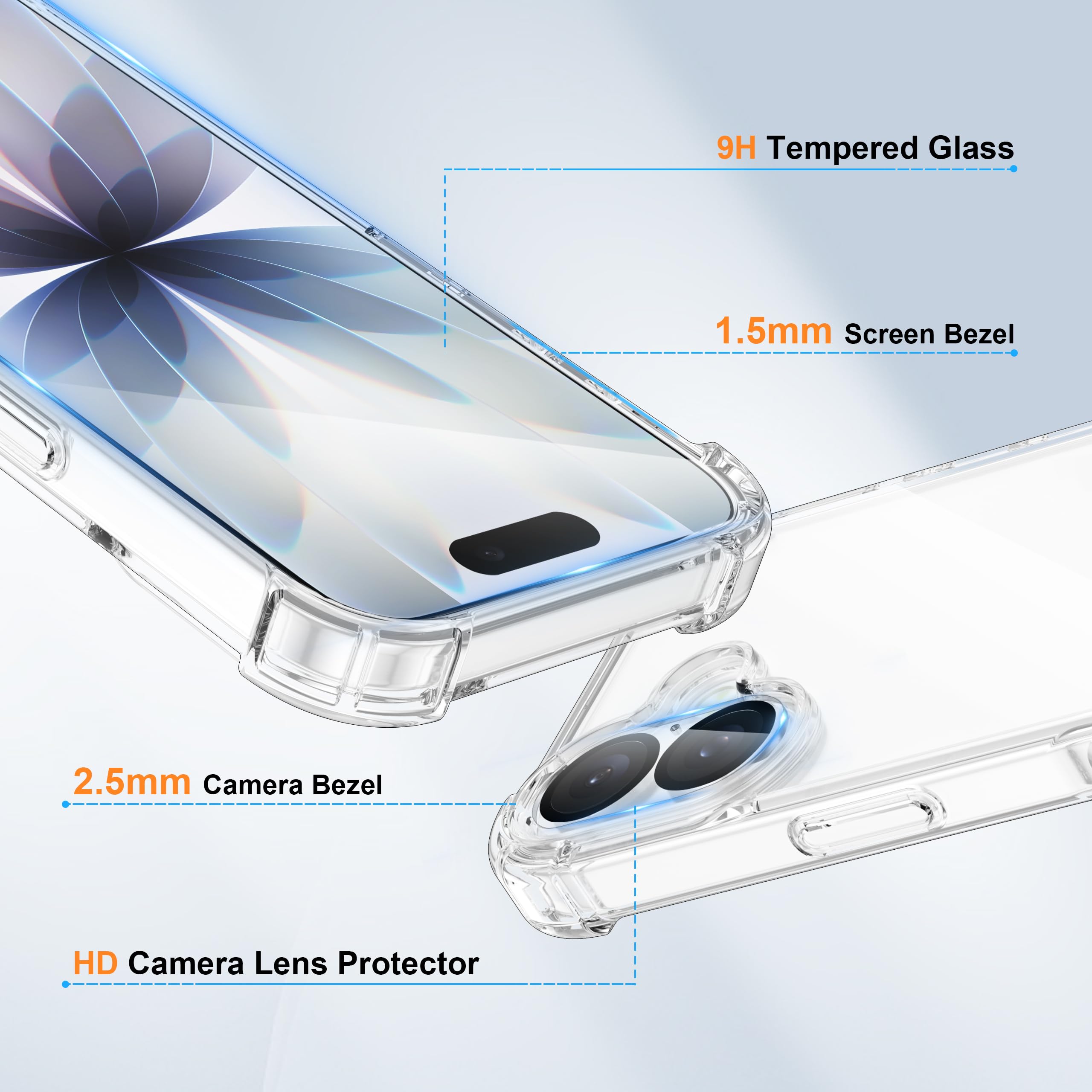 ORETECH 4 in 1 Cover per iPhone 17 (6,3 Pollici) con [2 Vetro Temperato e 1 Vetro Fotocamera] Custodia per iPhone 17 Antiurto Sottile in PC Rigido con Bumper in TPU-Trasparente