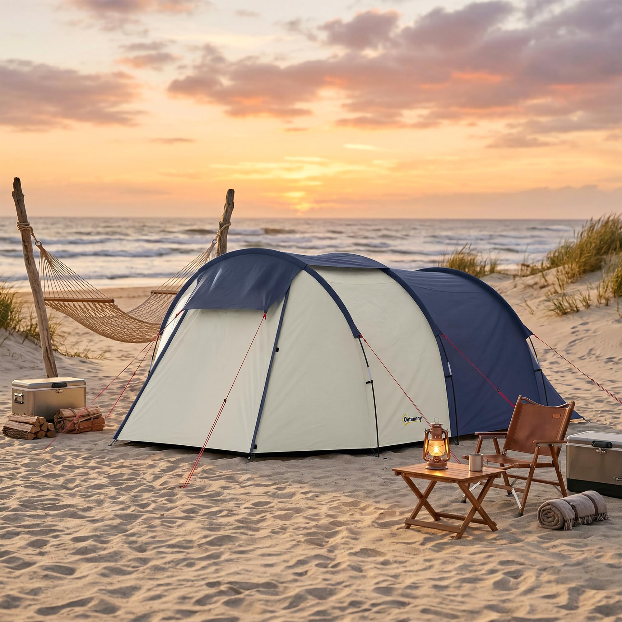 Outsunny Tunnelzelt 4 Personen Familienzelt mit Schlaf- und Wohnzimmer Fenstern Bodenplane Stehhöhe 3000 mm Wassersäule, wasserdicht Campingzelt mit Tragetasche Camping Zelt Marineblau+Cremeweiß