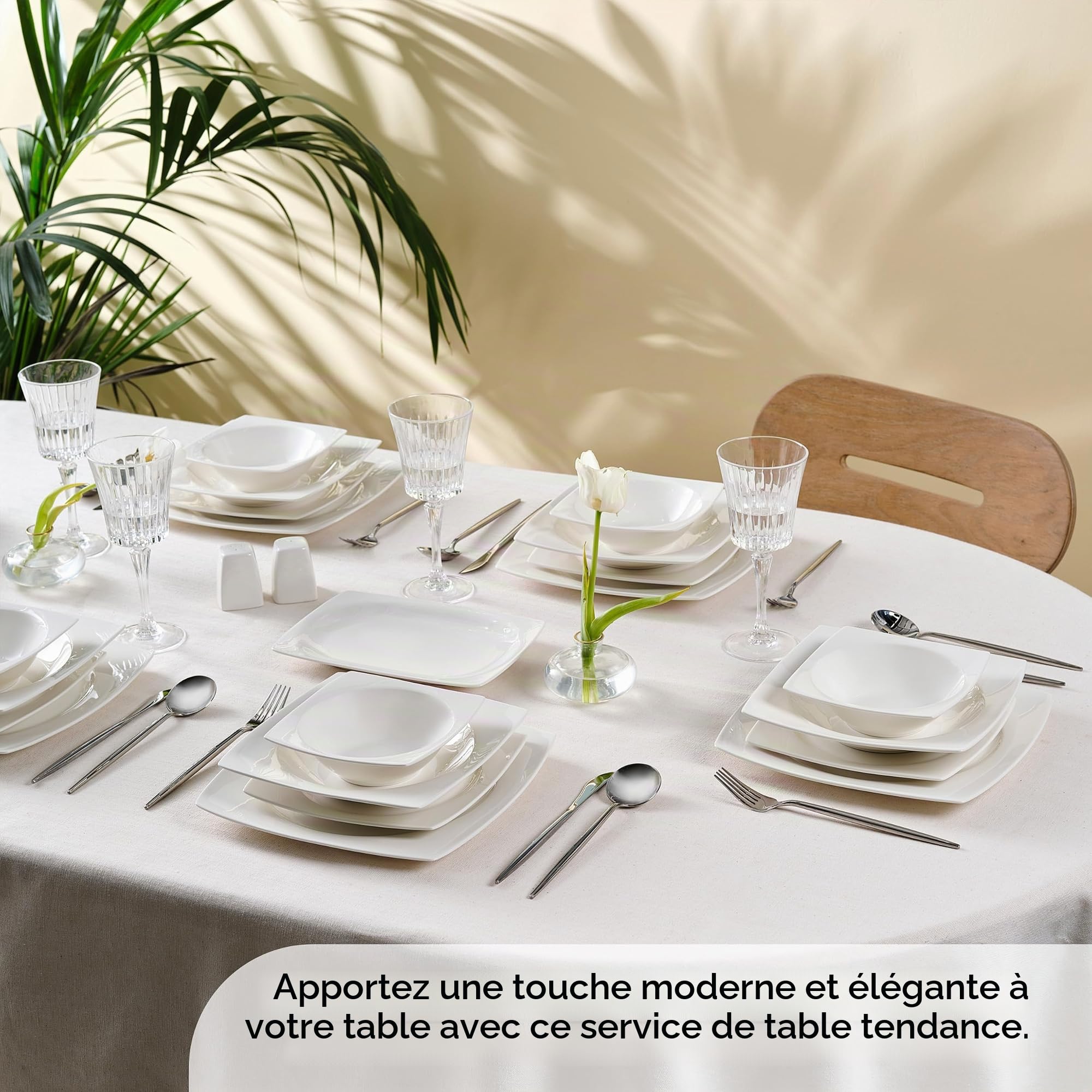 Karaca Jamie White 12 Persons Vaisselle, 52 Pièces - Vaisselle en porcelaine élégante pour 12 personnes, Assiettes, Tasses, Bols et Couverts inclus,