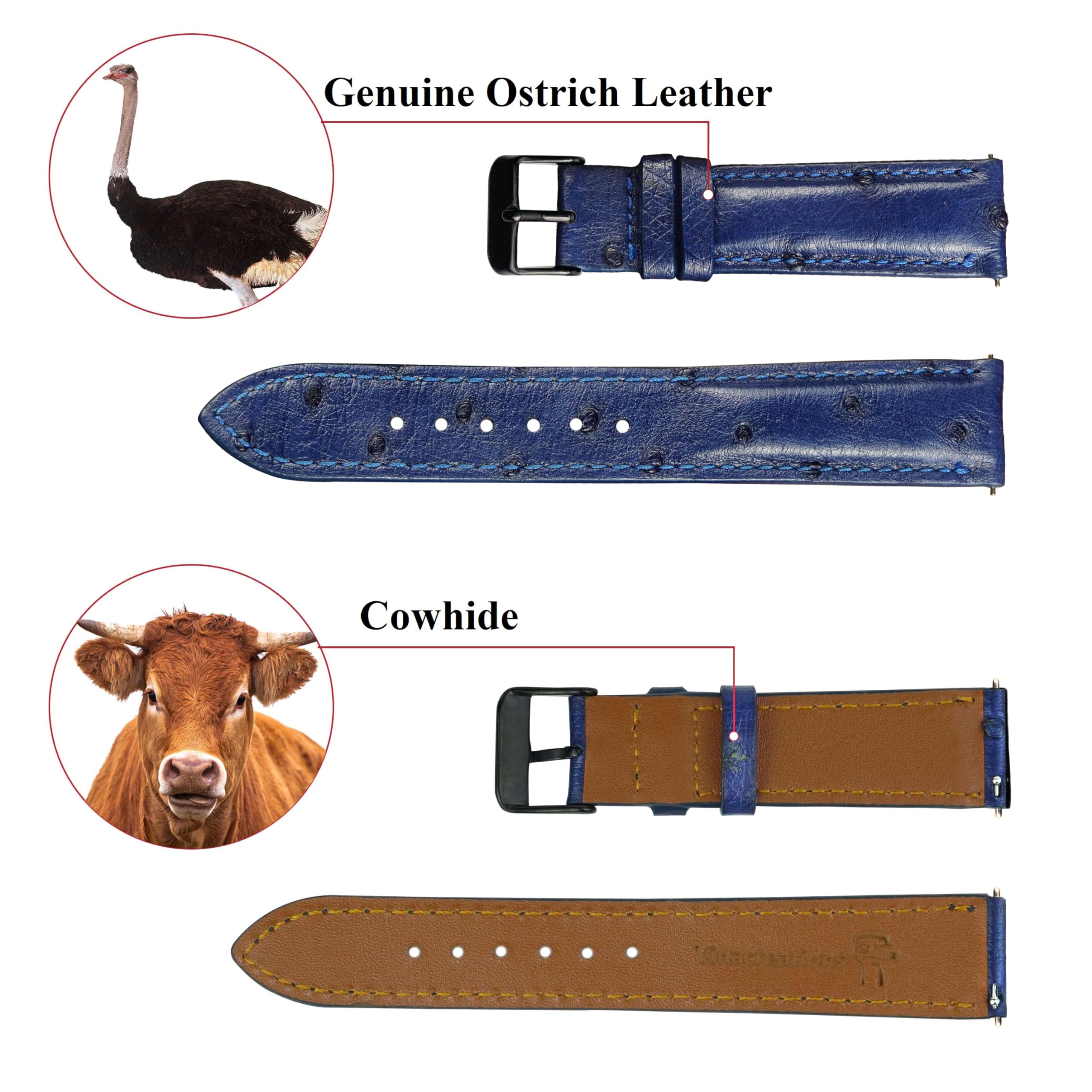vinacreations 19mm Navy Blue Ostrich Leather Watch Band Men Quick Release Replacement Strap Extra Soft Handmade Wristband Stainless Steel Buckle, Father's Day Gift for Dad Son Husband DH-184B-19MM