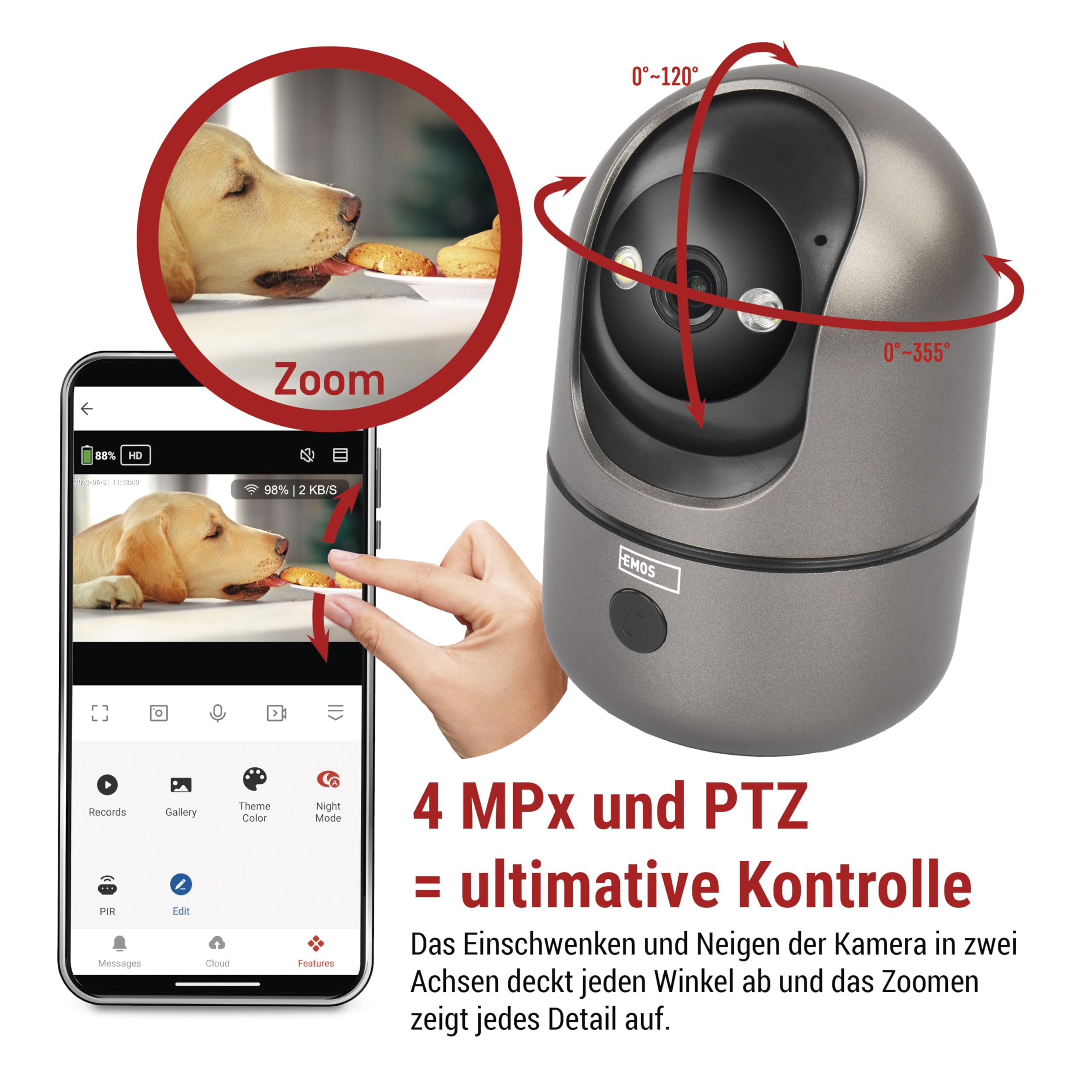 EMOS GoSmart Wewnętrzna kamera monitorująca 4MP z podwójnym WiFi i aplikacją, inteligentna kamera IP do wnętrz, wykrywanie i śledzenie ruchu, widoczność w nocy i ustawienie obszaru, 2-drożne audio