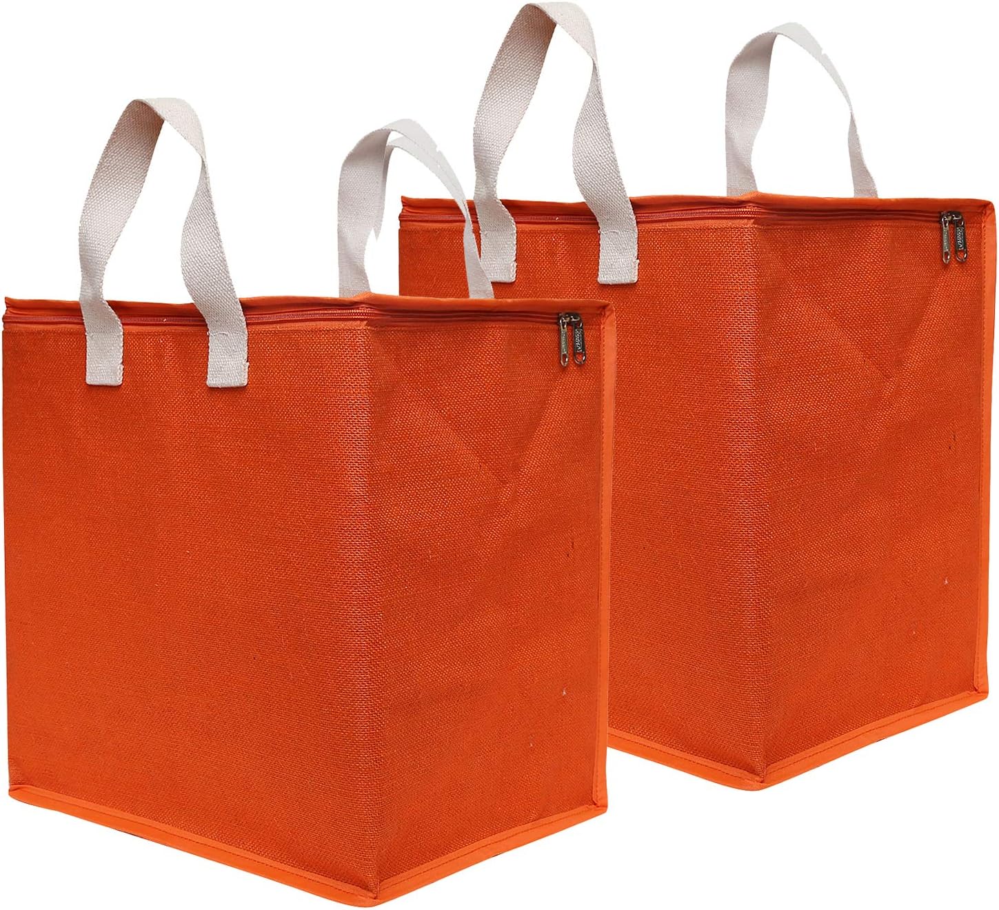 DOUBLE R BAGS Multipurpose Storage Organizer with Jute Reinforced Cotton Handles & Thick Base (Orange, 43x28x43 cm) | Zip Closure Bag for Clothes, Toys, Blankets | 1 Compartment, Pack of 2