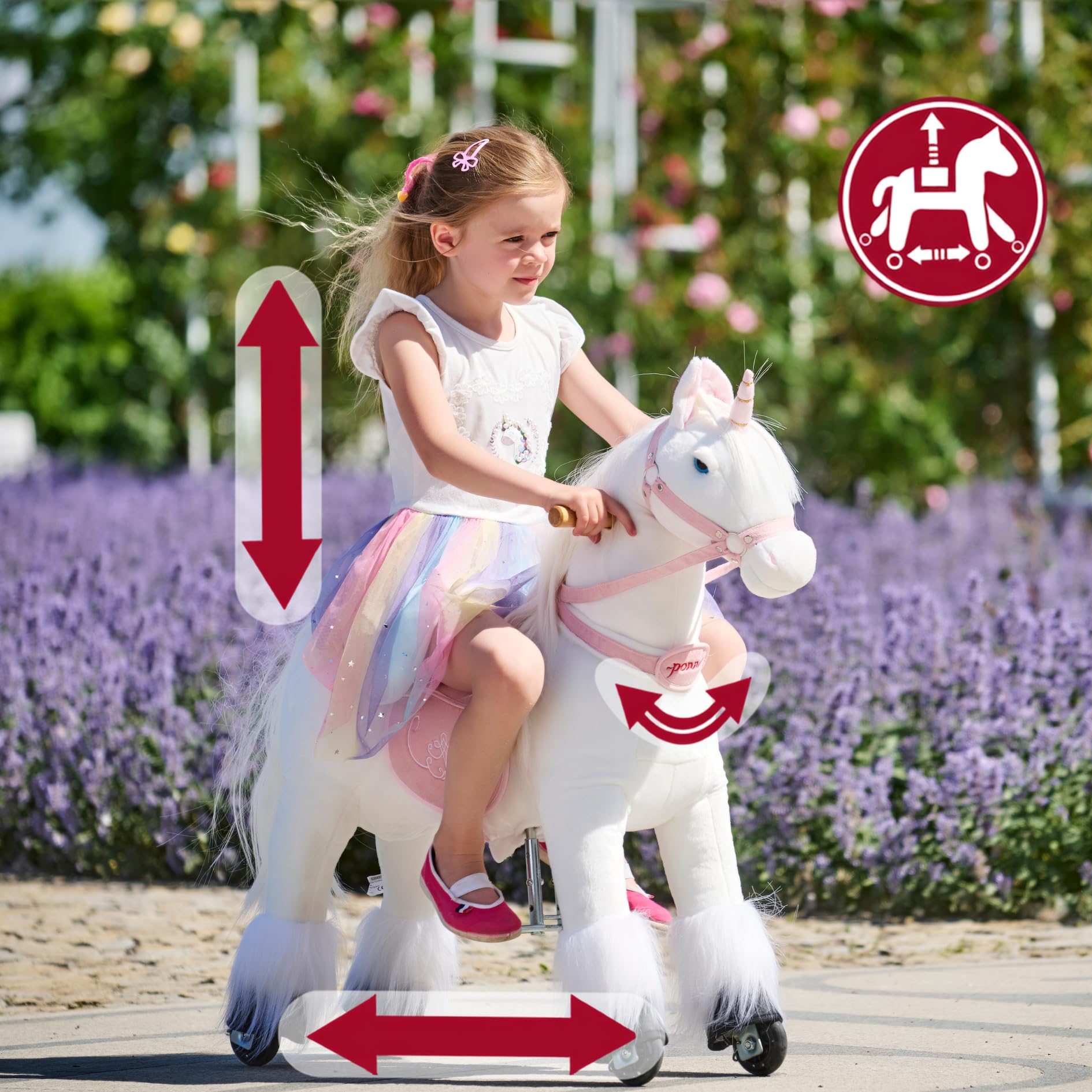 PONNIE Einhorn mit Rollen Unicorn S für Kinder 3–6 J (30 kg) – Ohne Batterie – Mitwachsend Dank höhenverstellbarer Steigbügel – Kämmbar, mit abnehmbarem Rosa Sattel – drinnen&draußen – 87 cm