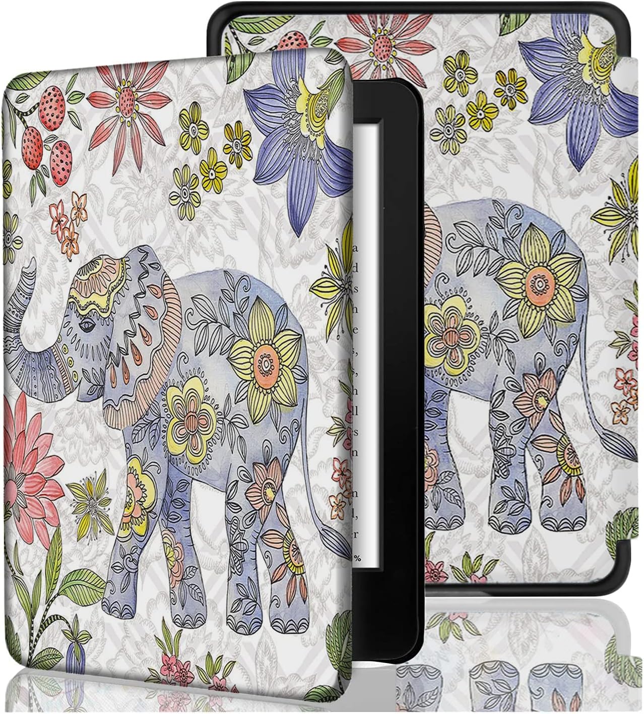 SwooK Magnetic Flip Cover case for Old Kindle Paperwhite 1 2 3 7th Gen Generation Released in 2012 2013 2014 2015 2016 New 300 PPI Versions 6" inch Display Flip Cover Case Shell (Floral Elephant)