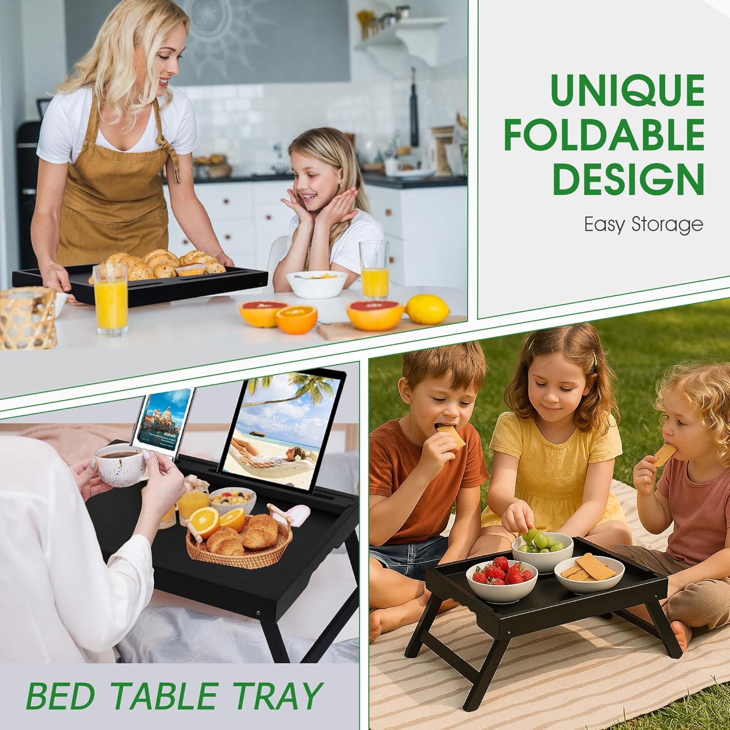 Bed Tray Table with Foldable Legs, Breakfast Food Trays for Eating on Couch with Media Slot for Bed, Eating, TV Tray, Kitchen Serving Tray (Black + White, Medium)