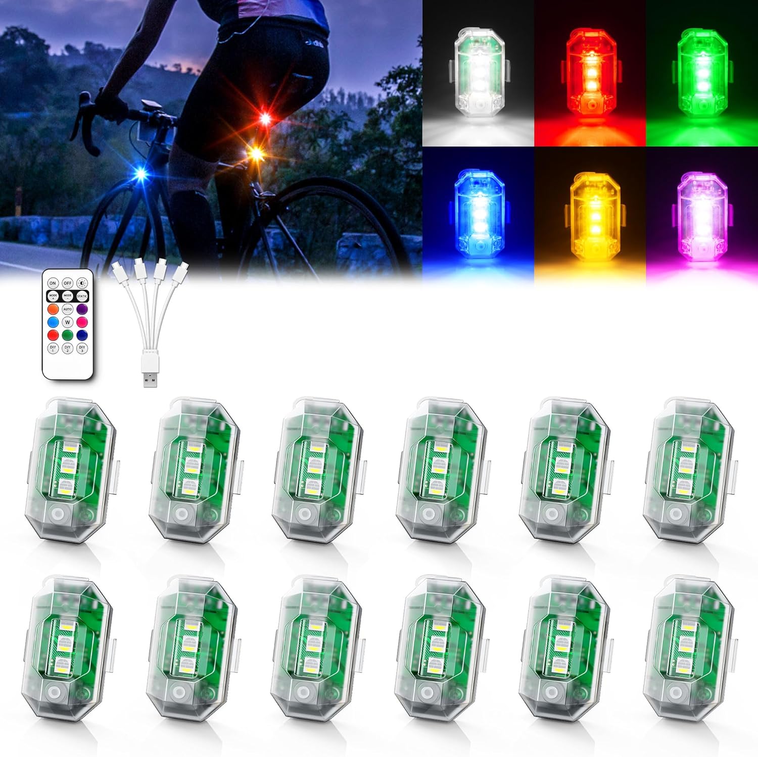 Wireless LED Strobe Lights with Remote Control, High Brightness 8 Colors Anti-Collision Lights Waterproof Emergency Warning Lights for Car Motorcycle Drone Aircraft Bike (12 Pcs)