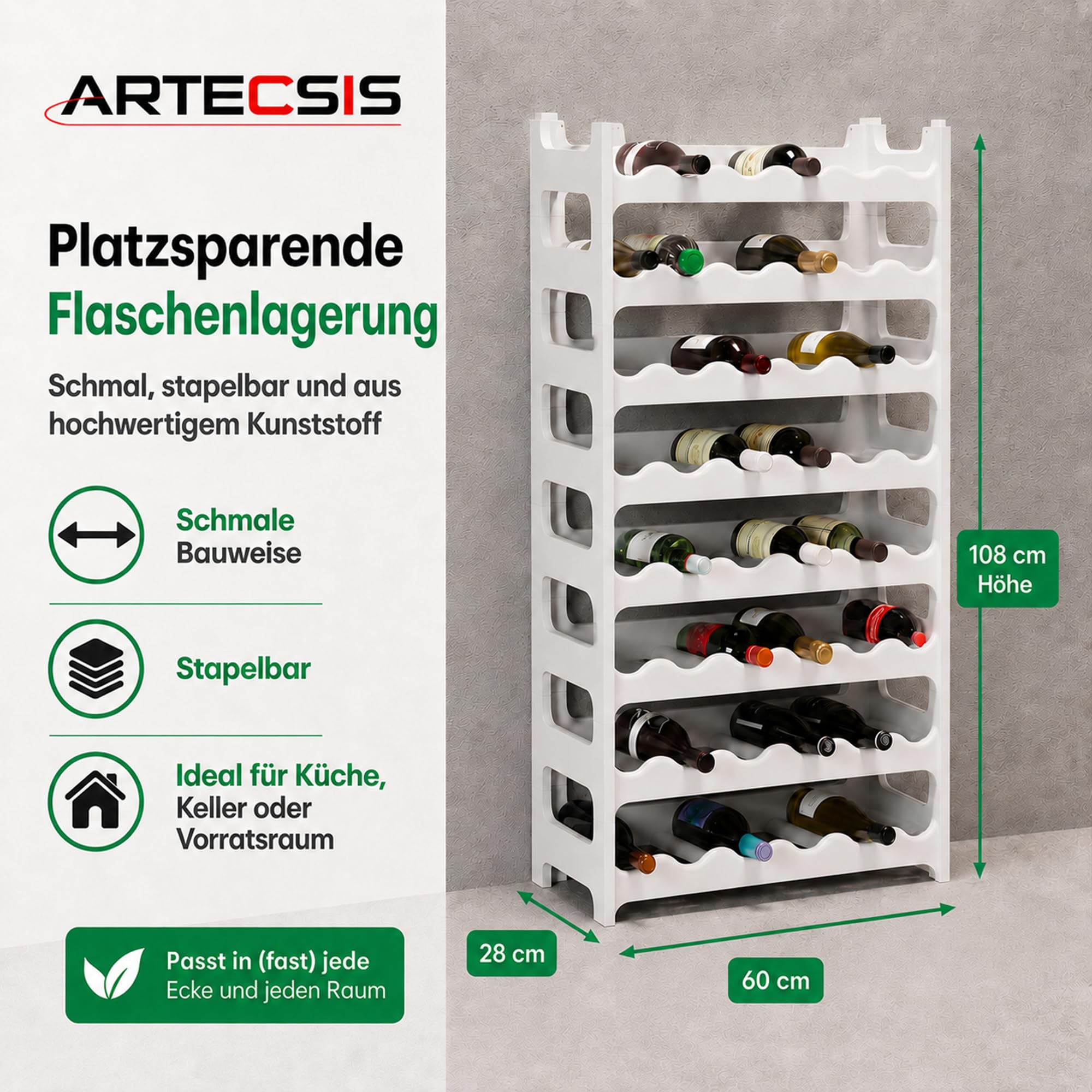 ARTECSIS® Weinregal stapelbar & modular erweiterbar Kunststoff für 48 Weinflaschen (weiß) - Stabiles Flaschenregal & Getränkeregal Gastronomie-Qualität