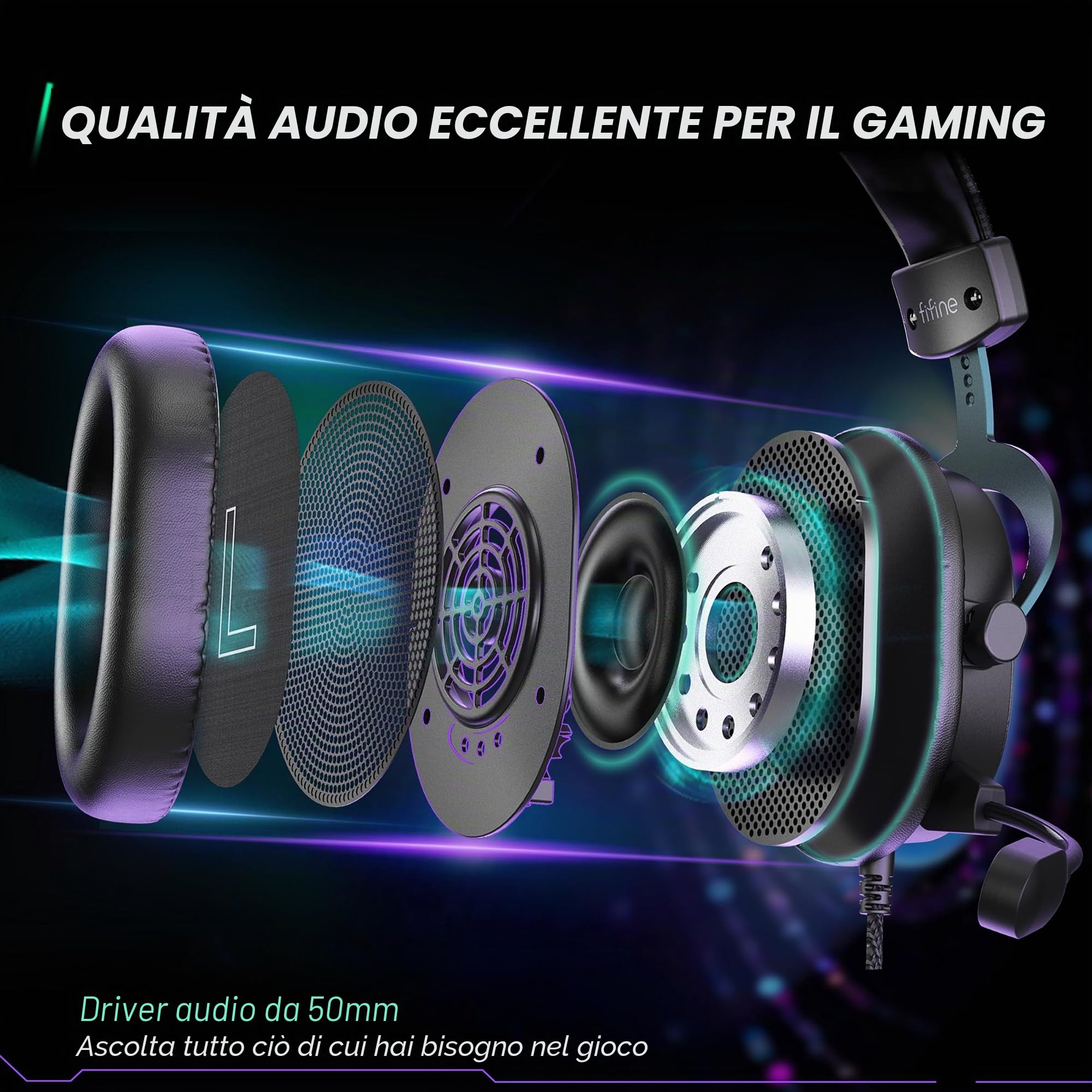 FIFINE Cuffie Gaming con Microfono, Cuffie Over-Ear con Cavo, Cuffie USB per PC PS4 PS5 Xbox Switch, Cuffie RGB con Audio Surround 7.1 e Cuscinetti Auricolari