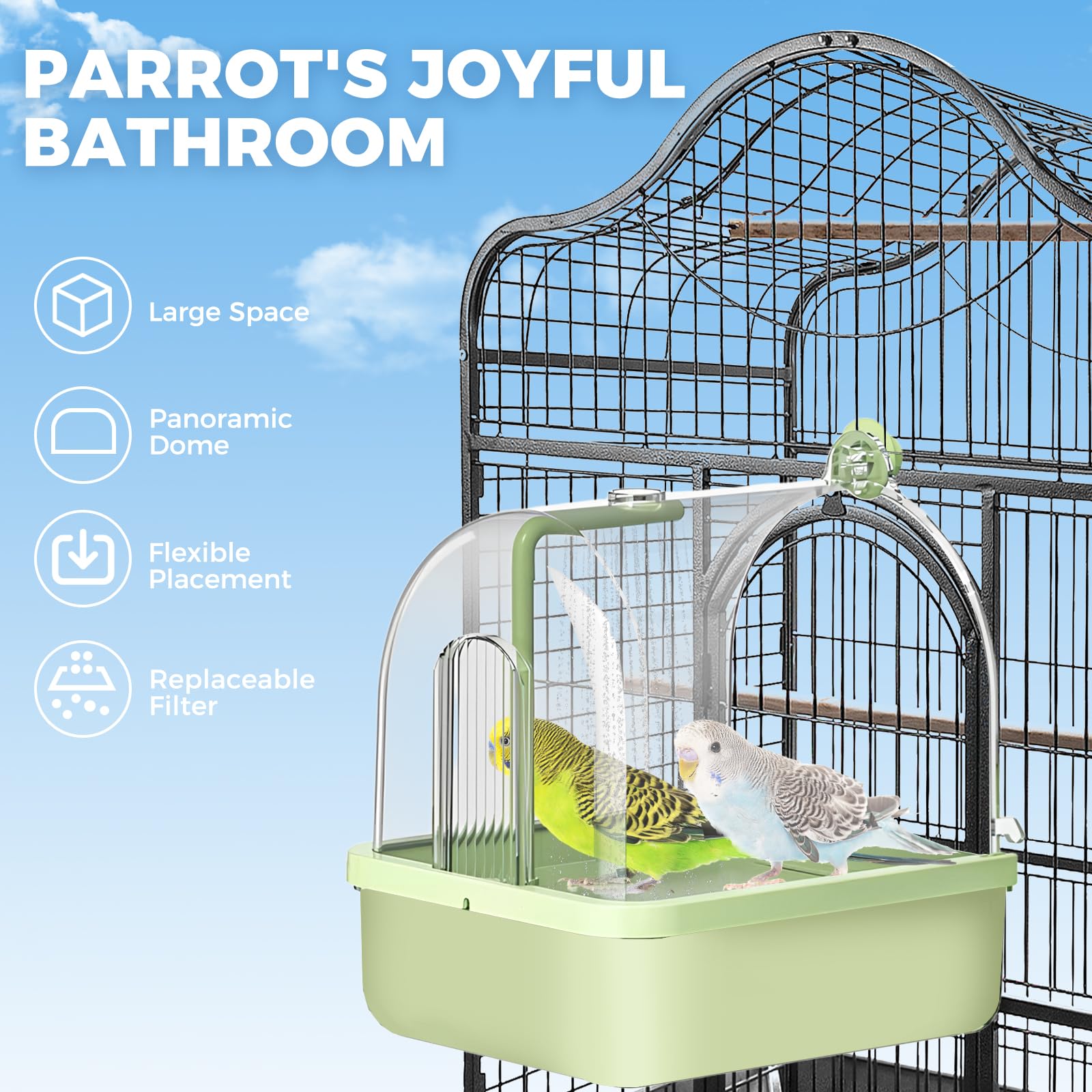 Hängende Badehaus Vogel Badewanne, Automatisches Vogelbad mit Pumpe/Filter, Vogeltränke Bad Dusche Vogelkäfig Zubehör für Sittiche Papagei Wellensittich (Grün)