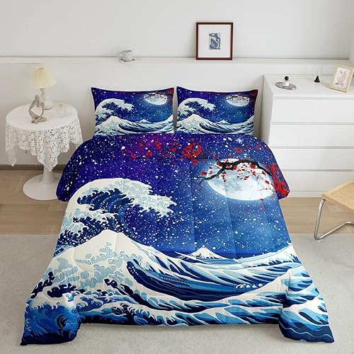 Miniatura 31 de Feelyou - Juego de edredón de olas japonesas tamaño queen para niños, flores de cerezo, edredón para niños, niñas y adolescentes, decoración de Azul