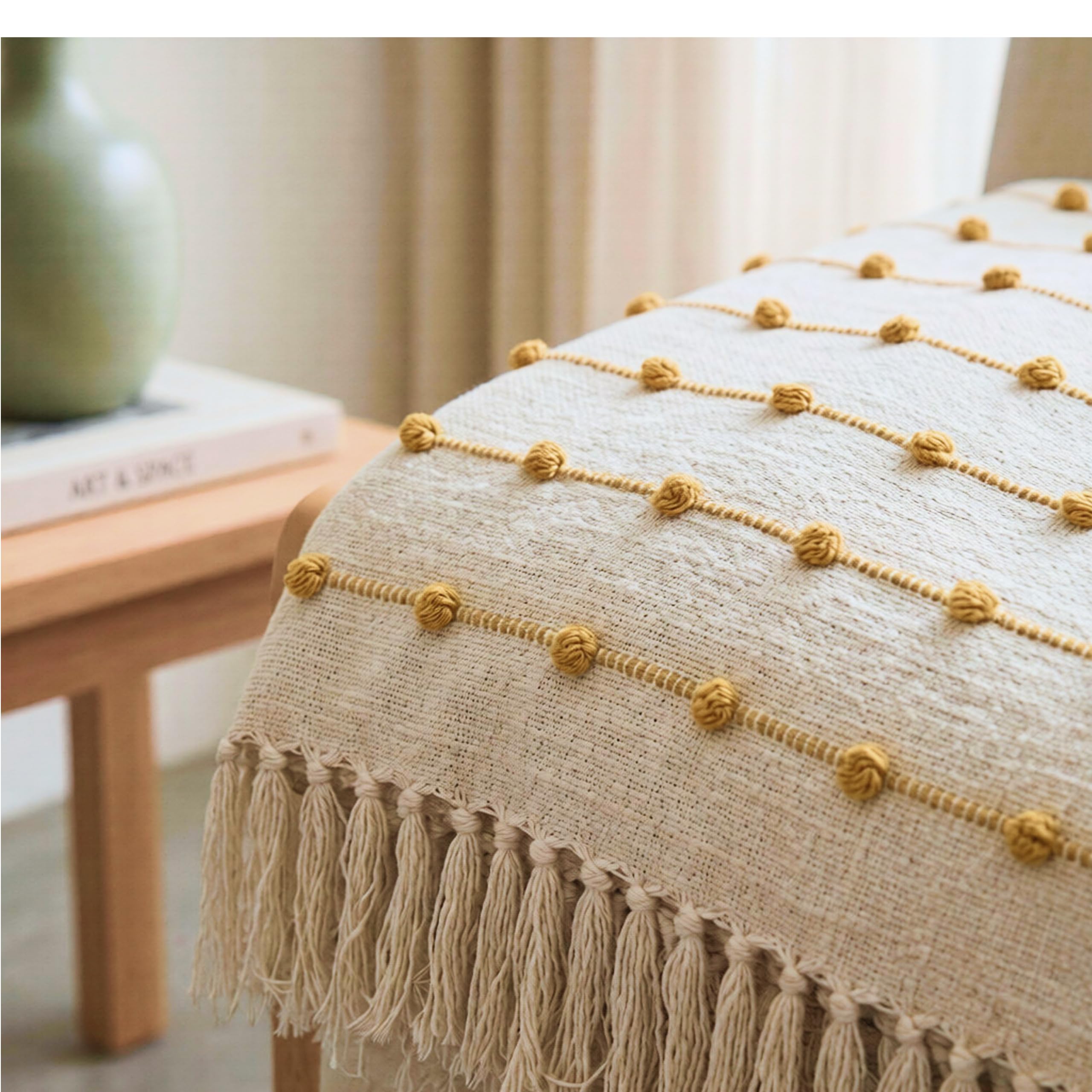 SAJAVAT HOME Hand Knitted Cotton Sofa Throw Blanket | Beige & Yellow Elegant All-Season Throw for Couch & Bed | Soft Lightweight Knit with Tassel Finish | 80×52 Inches (204×132 cm) 4