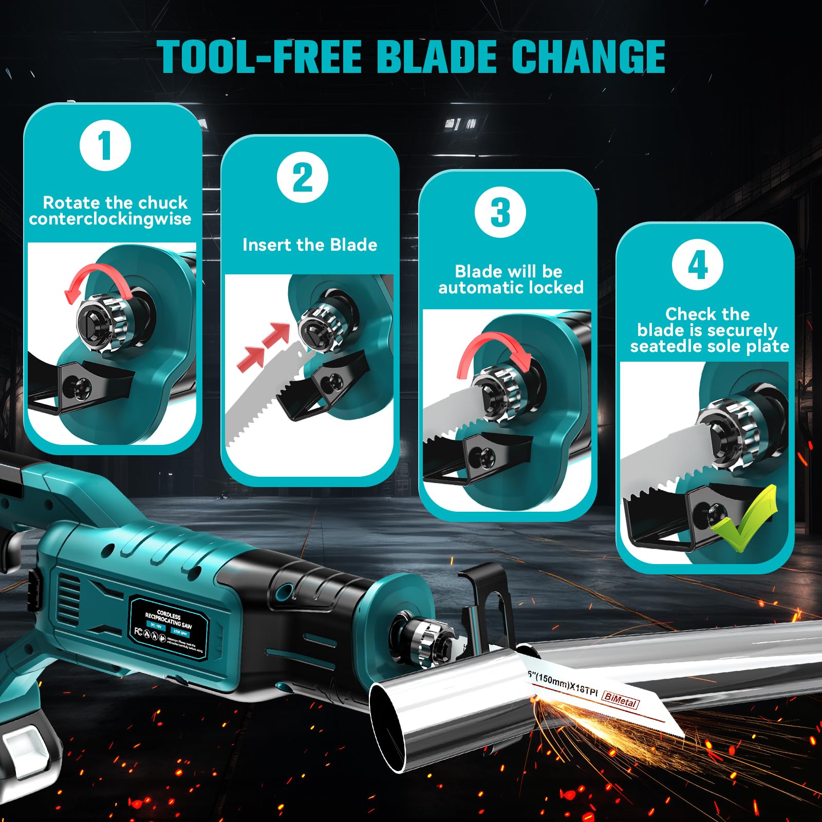 LIVOWALNY Akku Säbelsäge Kompatibel mit Makita 18V (Ohne Akku) - Reciprosäge Bürstenlos Motor 3200 SPM, 3 variable Geschwindigkeiten mit 4 Sägeblätter für Metall/Holz/PVC (Blau)