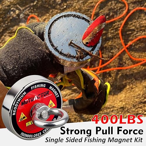 Miniatura 2 de MUTUACTOR Kit de pesca con imán de 400 libras de fuerza de tracción, imán de neodimio N52 resistente con cuerda duradera de 65.6 ft (64 pies),