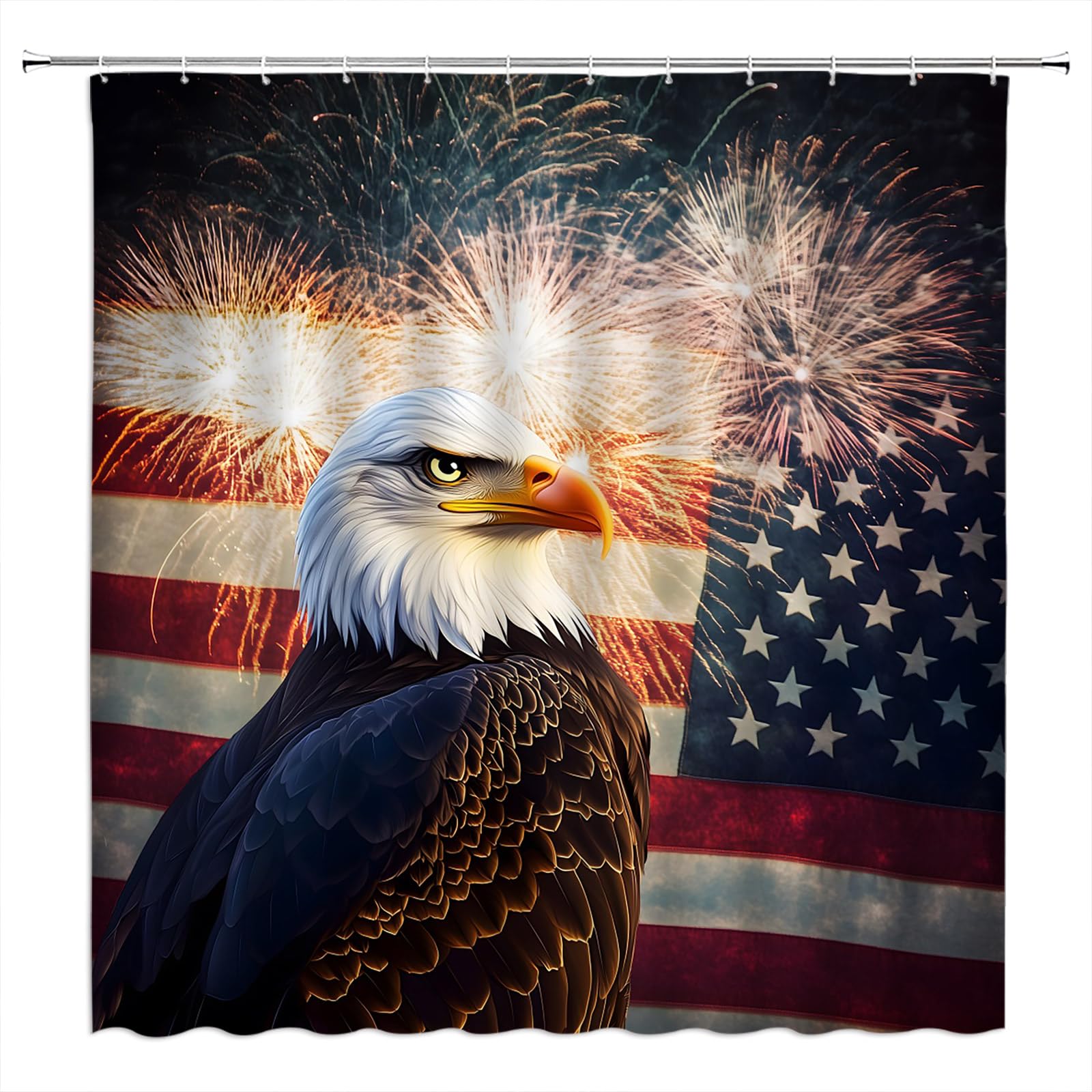 Patriotic Shower Curtain American Flag Eagle Firework 4th of July Independence Day Inspired Fabric Bathroom Decor Sets with Hooks