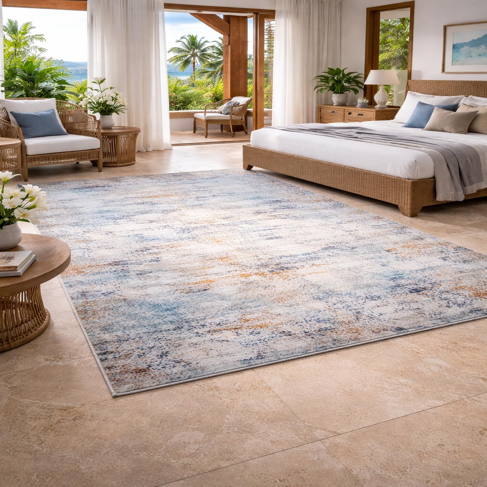 Tapis chambre ado fille clean girl moderne bleu et marron 120 x 185 cm pour déco