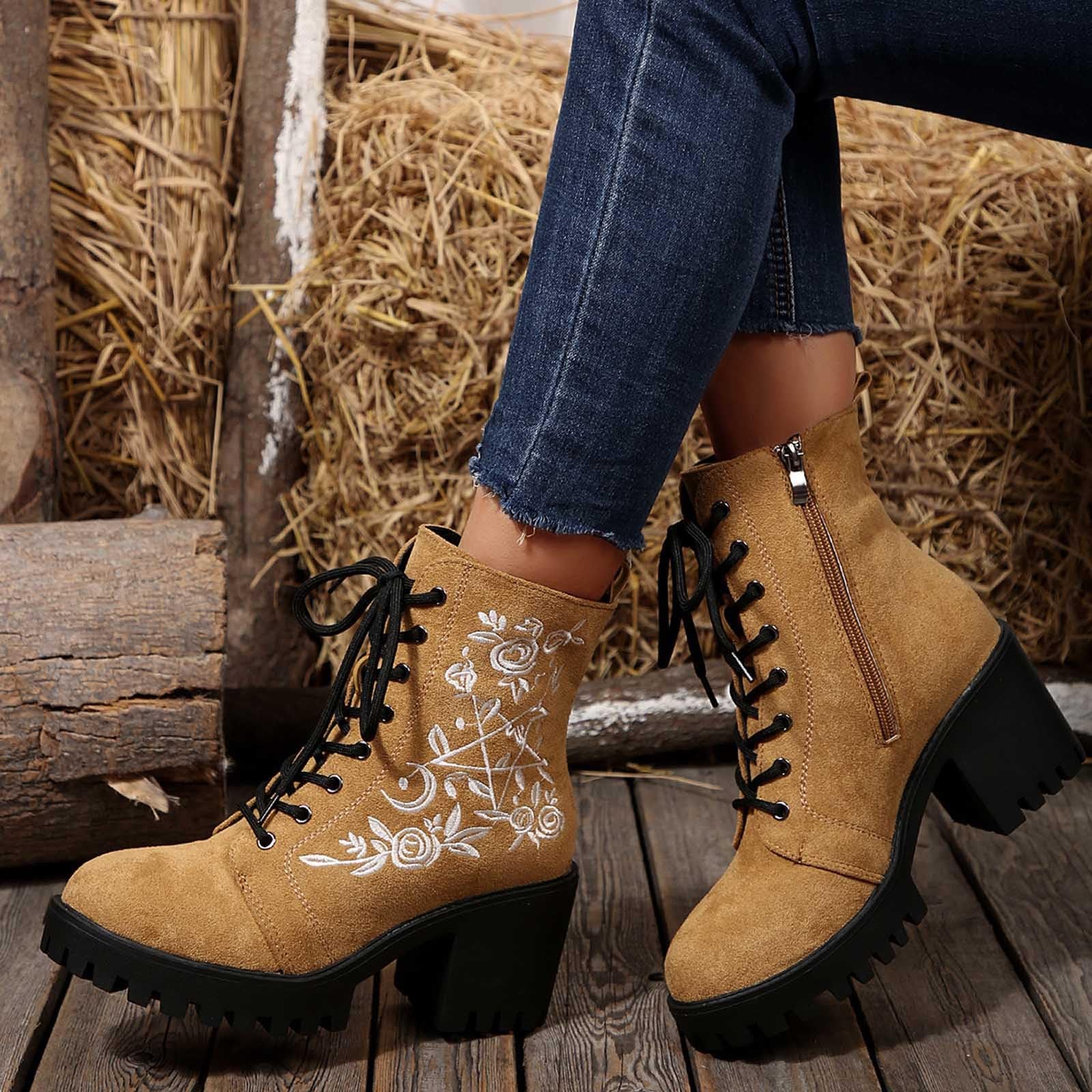 Generisch Botines de mujer con cordones con estampado floral bordado tacón grueso Zapatos cortos para comodidad diaria de moda