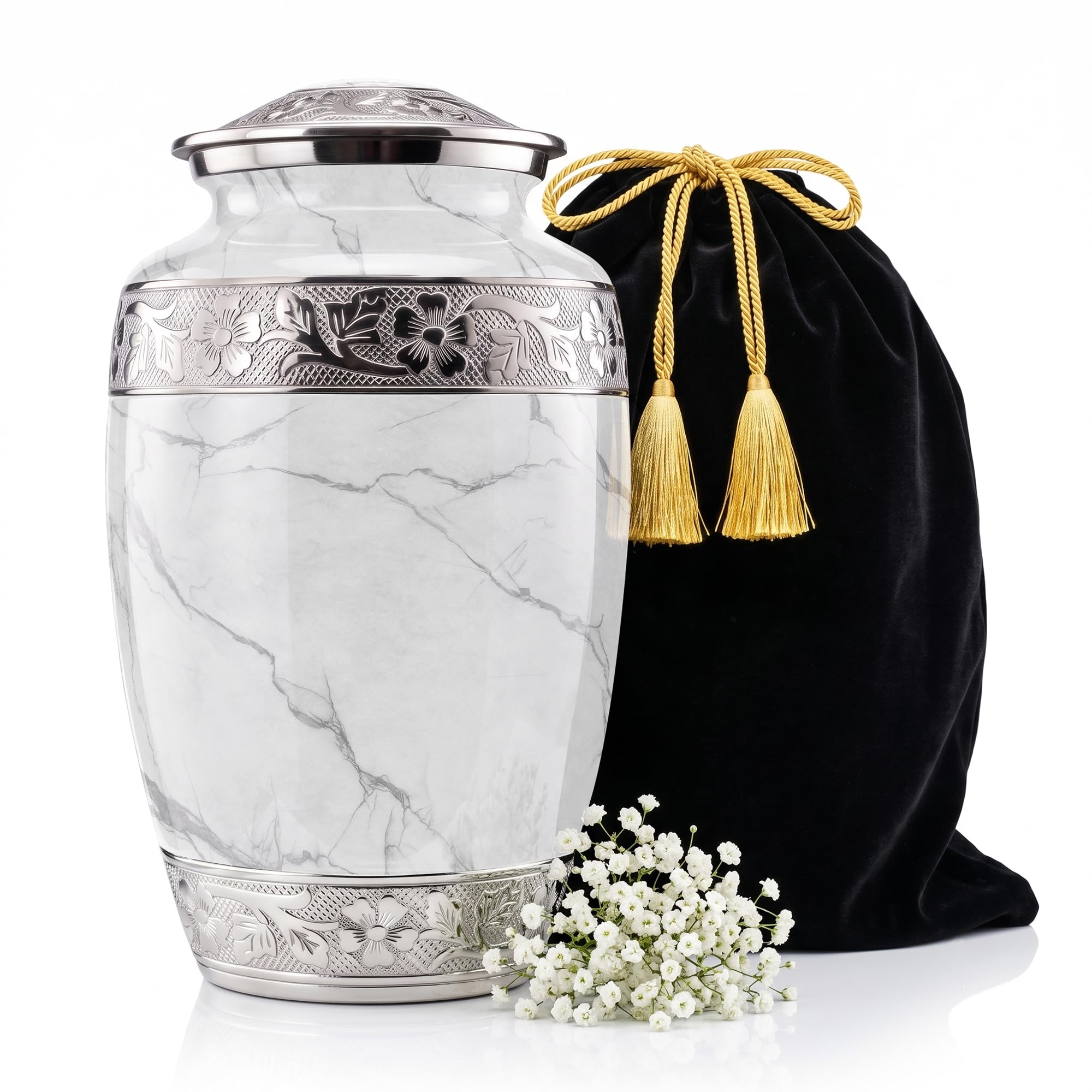 STONLIF White Marble Cremation Urn for Adult Human Ashes - Large Aluminum Alloy Funeral Urn, 200 Cubic Inches, with Velvet Bag, Funnel & Threaded Lid