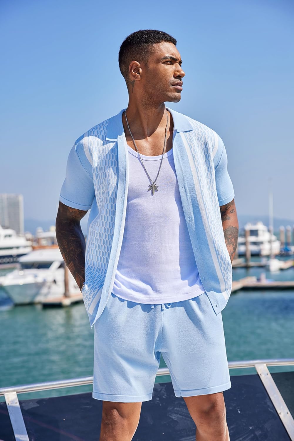 COOFANDY Men's 2 Piece Outfit Vintage Short Sleeve Button Down Knit Polo Shirts Casual Beach Shorts Sets - Image 2