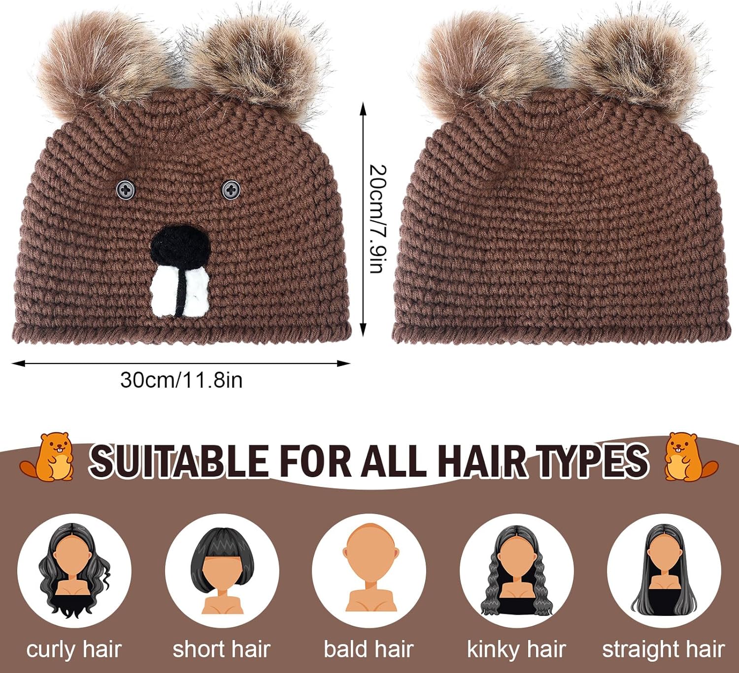 Kigeli 2 Pcs Groundhog Hats Groundhog Day Women Hats Knit Brown Winter Cute Beanie Valentine‘s Day Gifts for Women