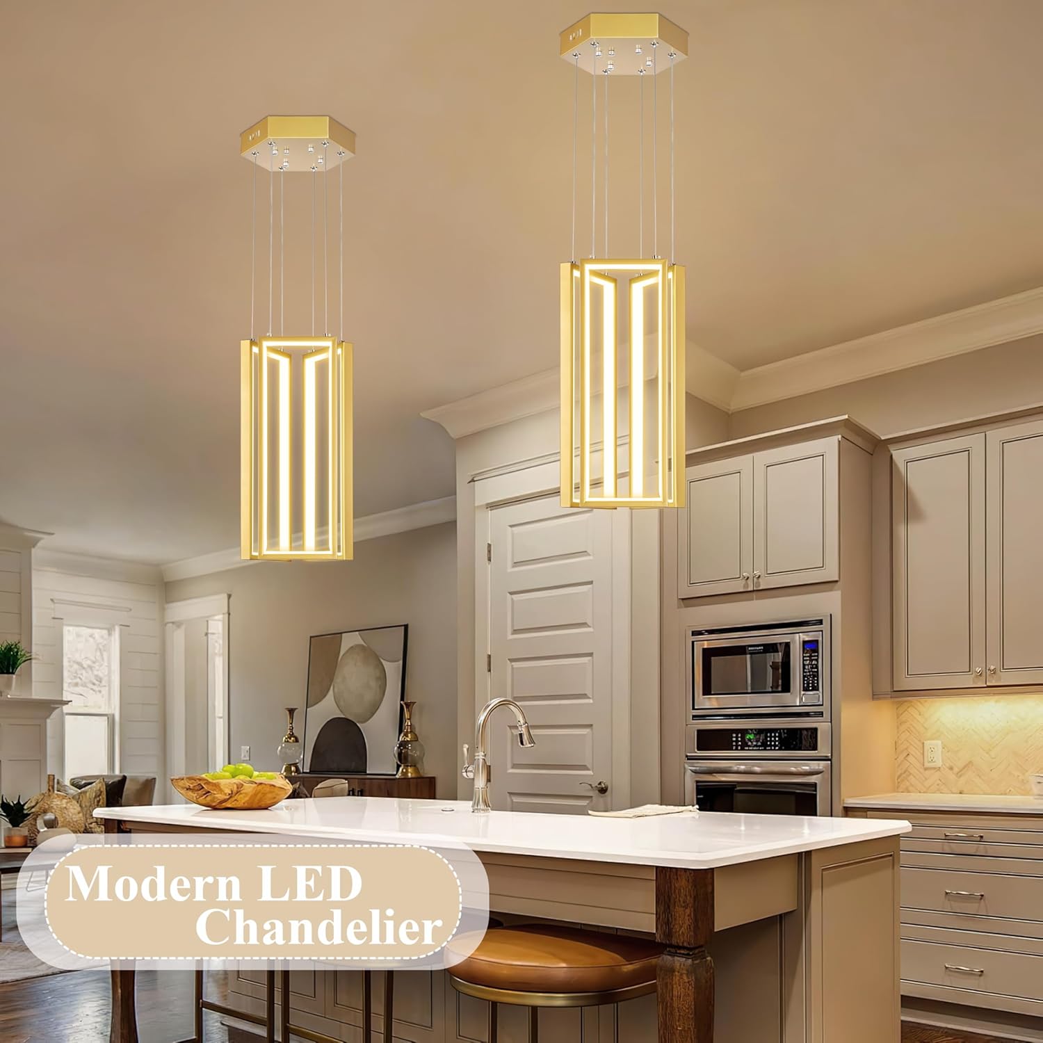 Gold Modern Led Chandelier - Adjustable High Ceiling Light Fixtures, Dimmable Led Pendant Lighting, 3-Ring Rectangle Staircase Contemporary Chandelier for Living Room, Kitchen Island