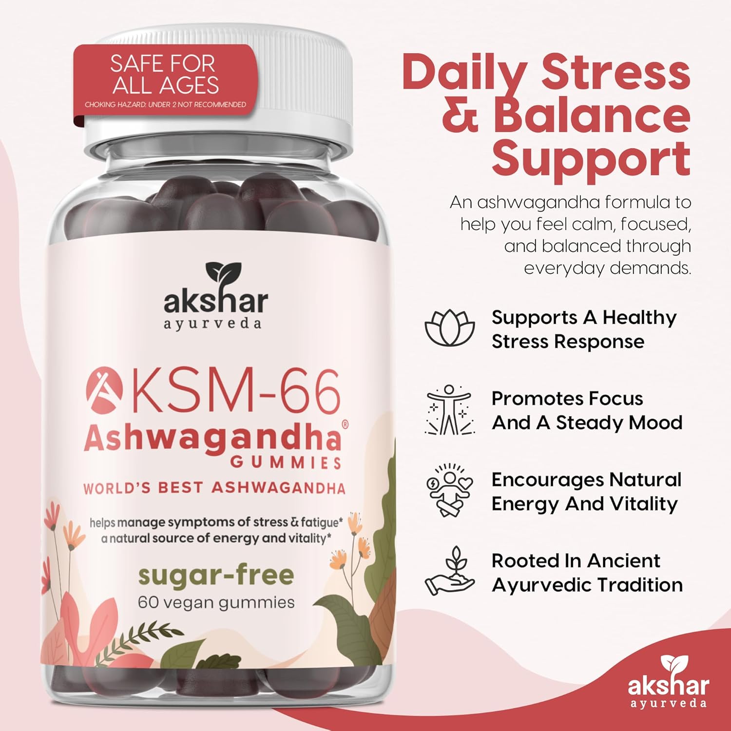 AKSHAR Ayurveda Ashwagandha KSM-66 Gummies, Organic Ashwagandha Supplements for Focus, Increase Energy & Strength, Chicory Root Fiber & Natural Cherry Flavor (60 Count (Pack of 2))