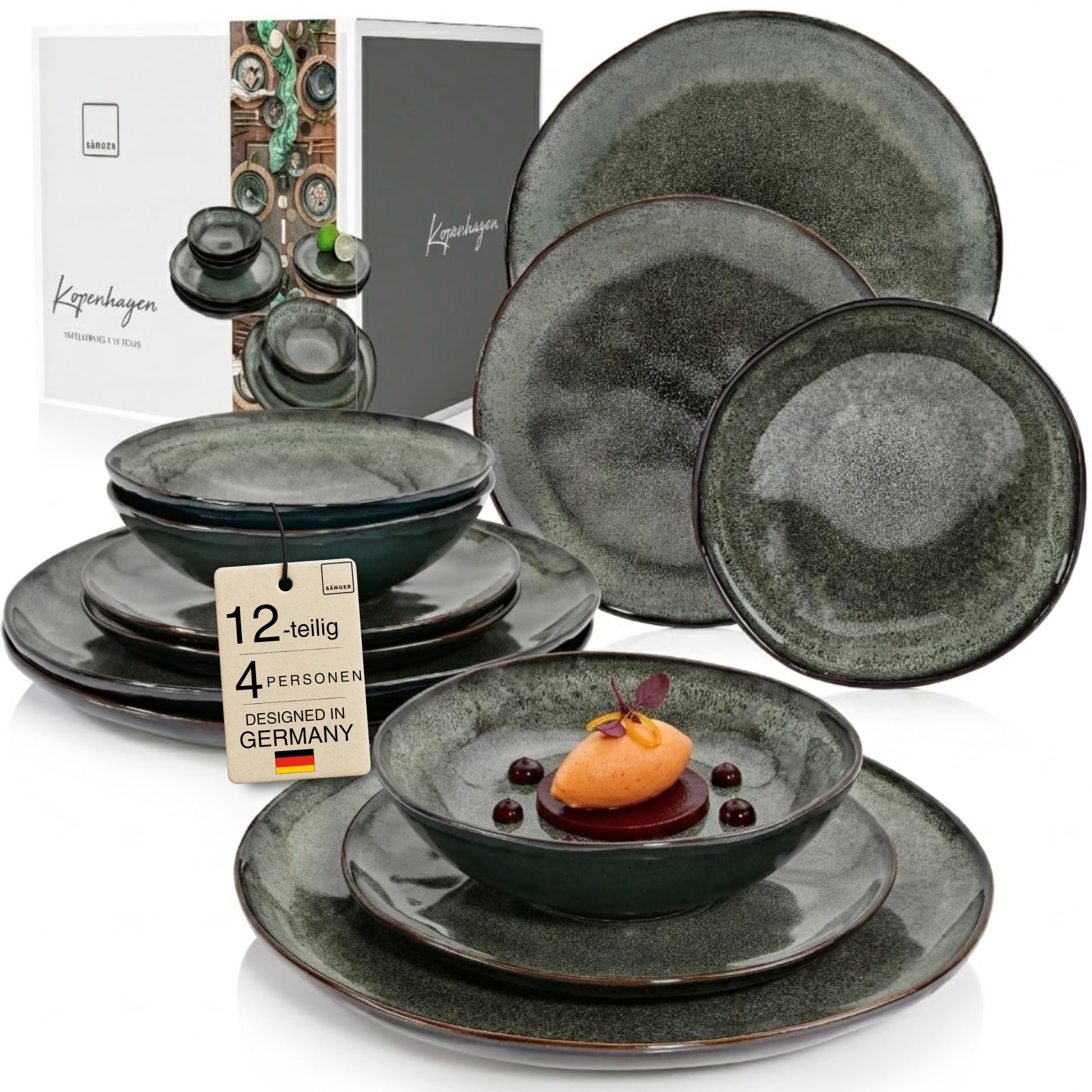 SÄNGER | Teller Set Kopenhagen 12 tlg, Steingut Geschirr Set 4 Personen, Tafelservice inkl. Essteller Frühstücksteller & Tiefe Teller, Speiseteller Set Spülmaschinenfest Grün Grau | PREMIUM COLLECTION