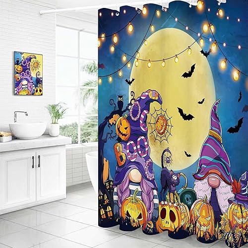 Miniatura 2 de Cortina de ducha de gnomos de Halloween de 72 x 72 pulgadas para baño, decoración de calabaza, noche y luna, cortina de baño de tela impermeable con